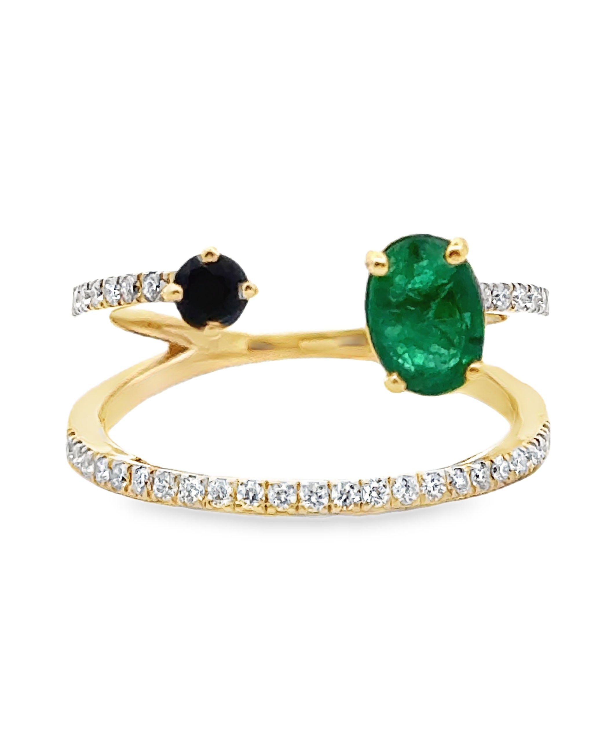 Sapphire & Emerald Asymmetric Bypass Ring in 14K Yellow Gold with Diamonds