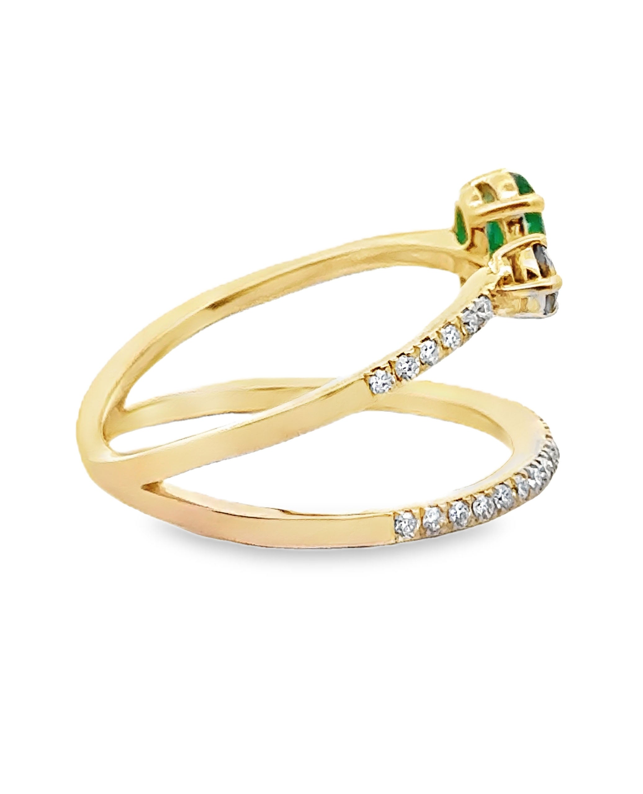 Sapphire & Emerald Asymmetric Bypass Ring in 14K Yellow Gold with Diamonds