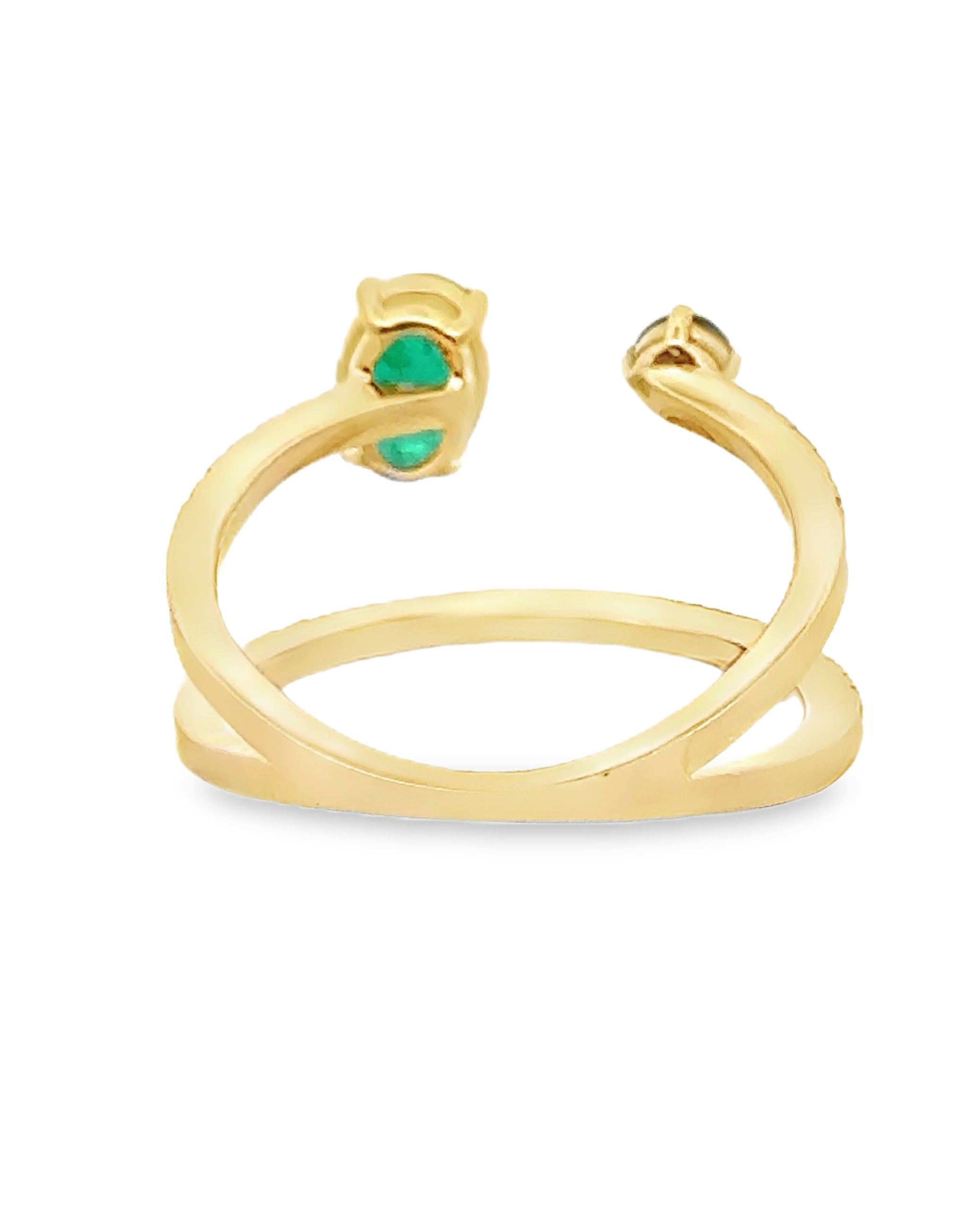 Sapphire & Emerald Asymmetric Bypass Ring in 14K Yellow Gold with Diamonds