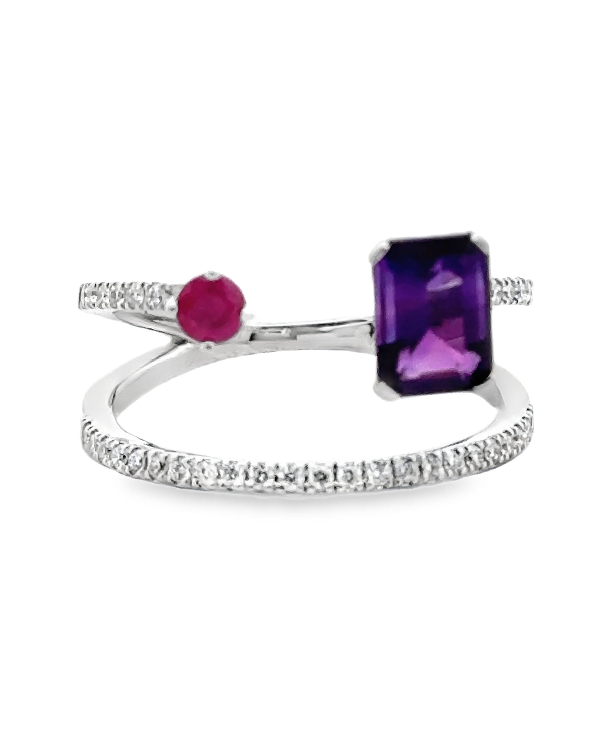 Amethyst & Ruby Asymmetric Bypass Ring in 14K White Gold with Diamonds