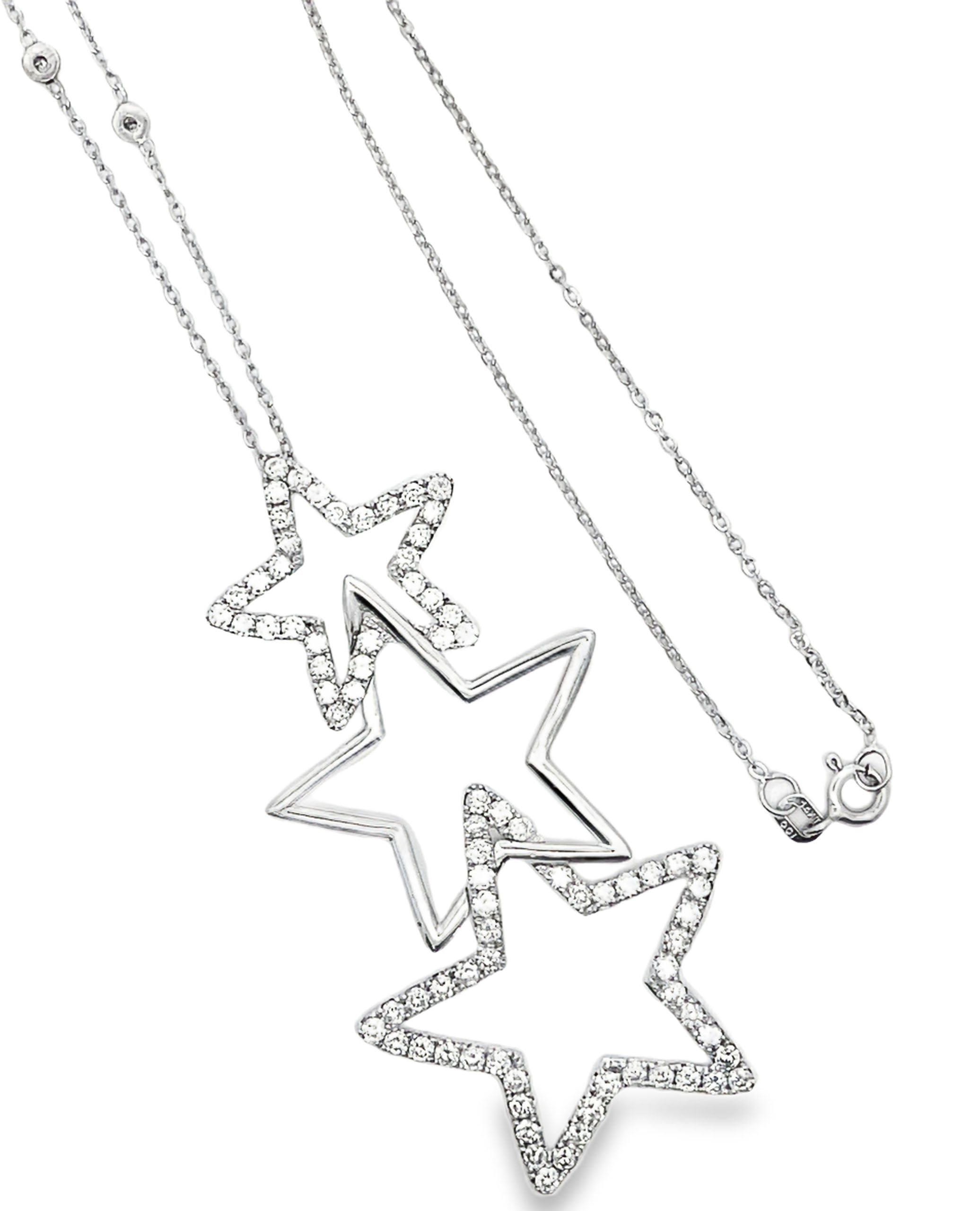 14K White Gold Three Star Diamond Necklace