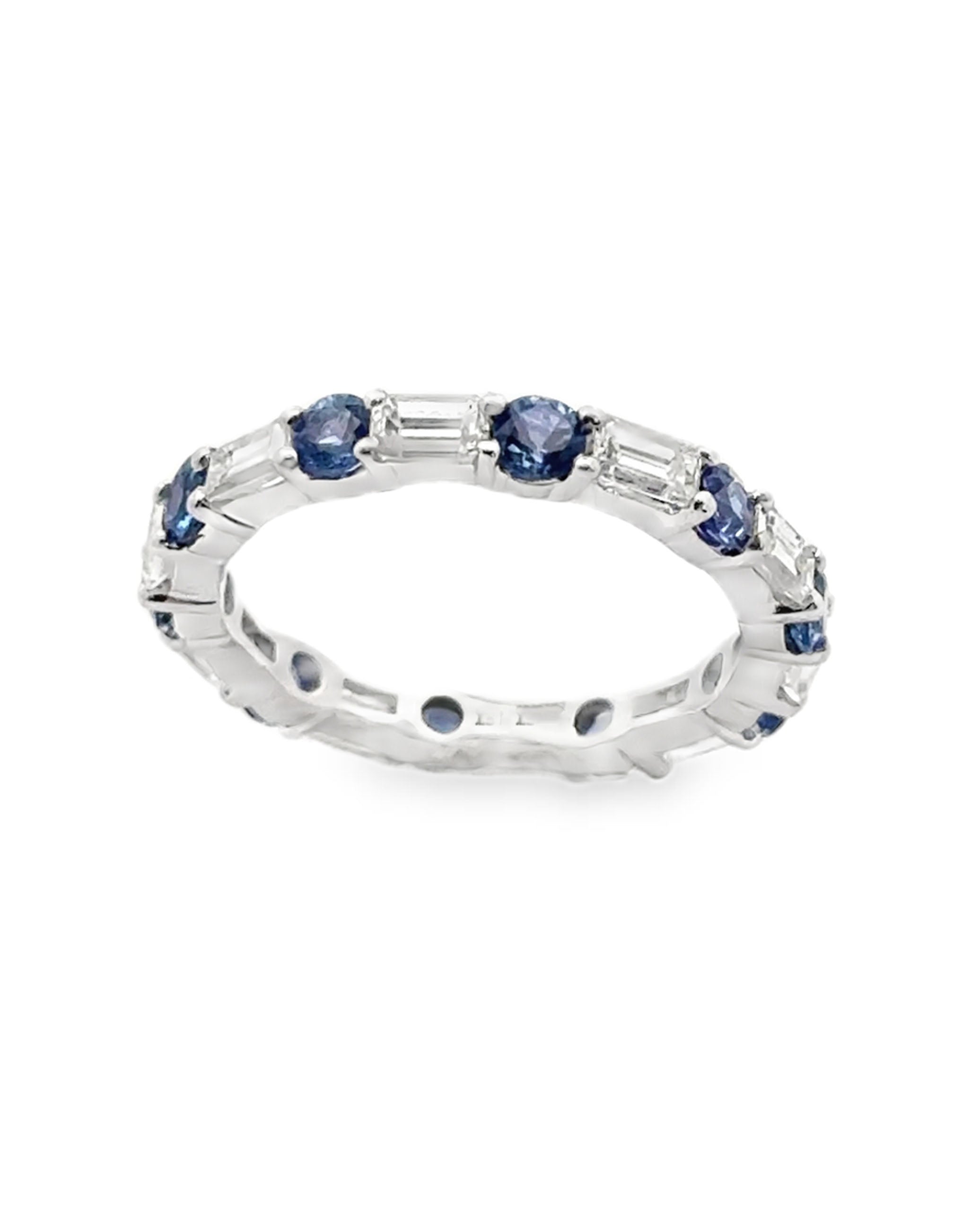 18K White Gold Eternity Band with Diamonds and Blue Sapphires- Size 6.25