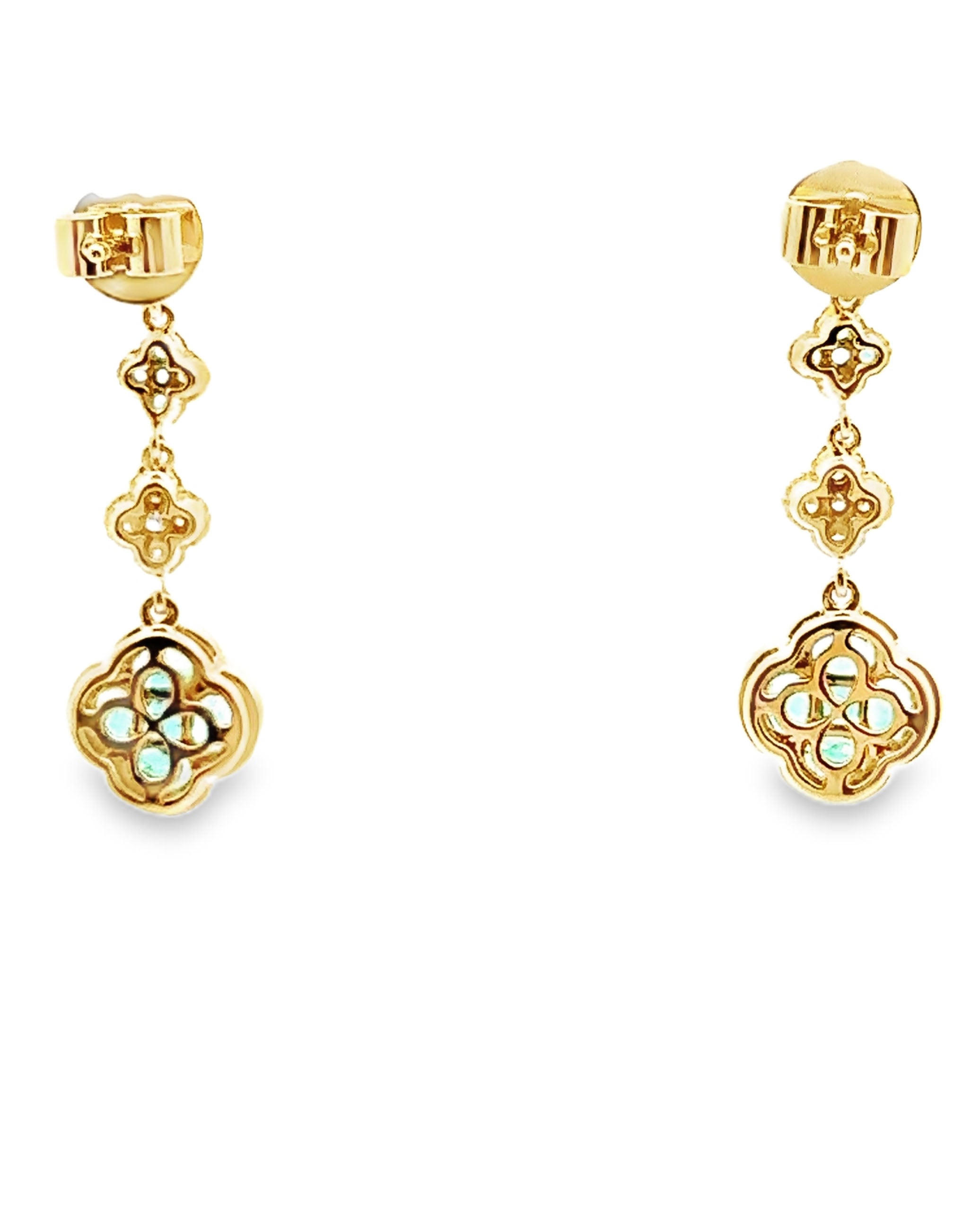 18K Yellow Gold Dangling Quatrefoil Earrings with Diamonds & Emeralds