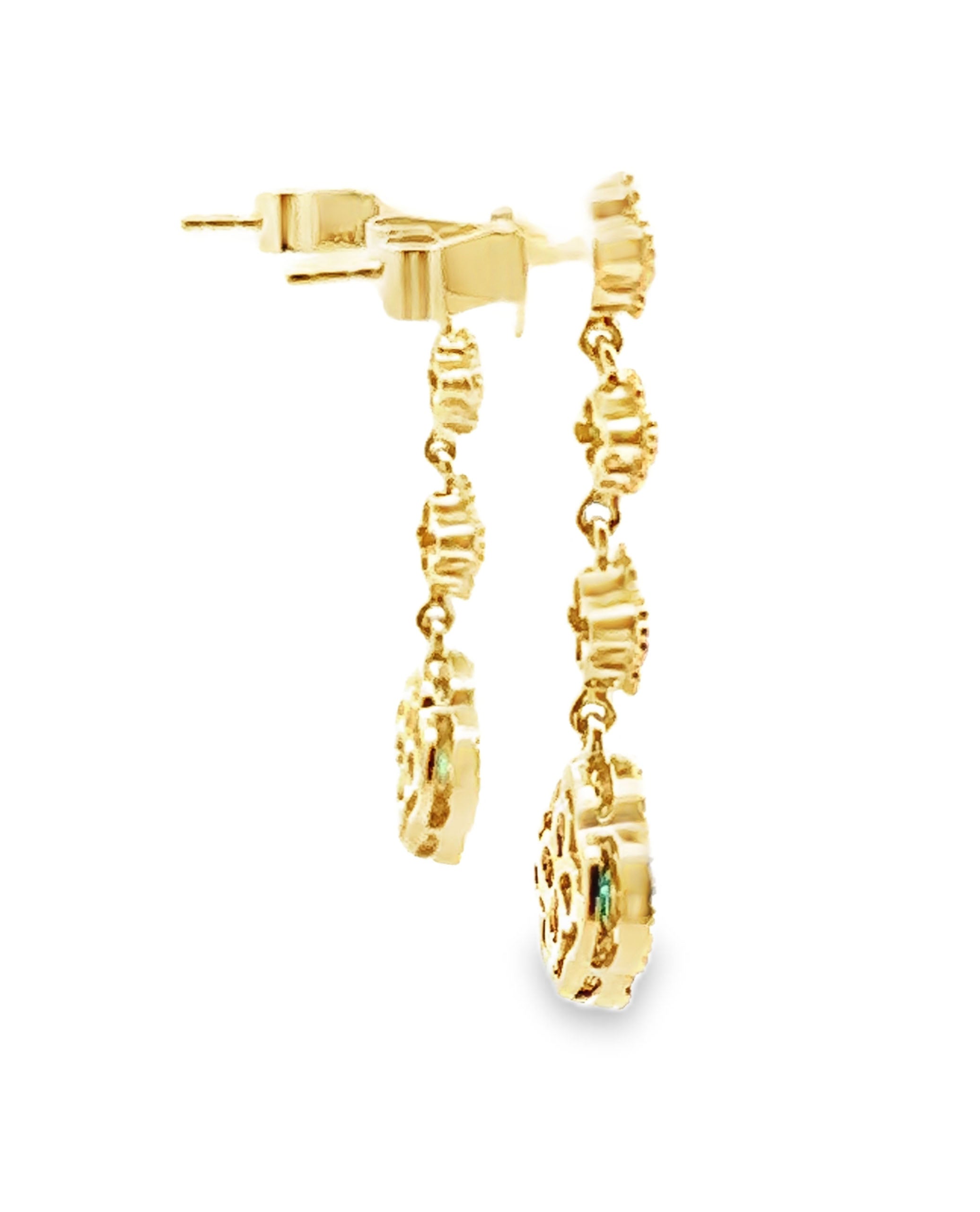 18K Yellow Gold Dangling Quatrefoil Earrings with Diamonds & Emeralds