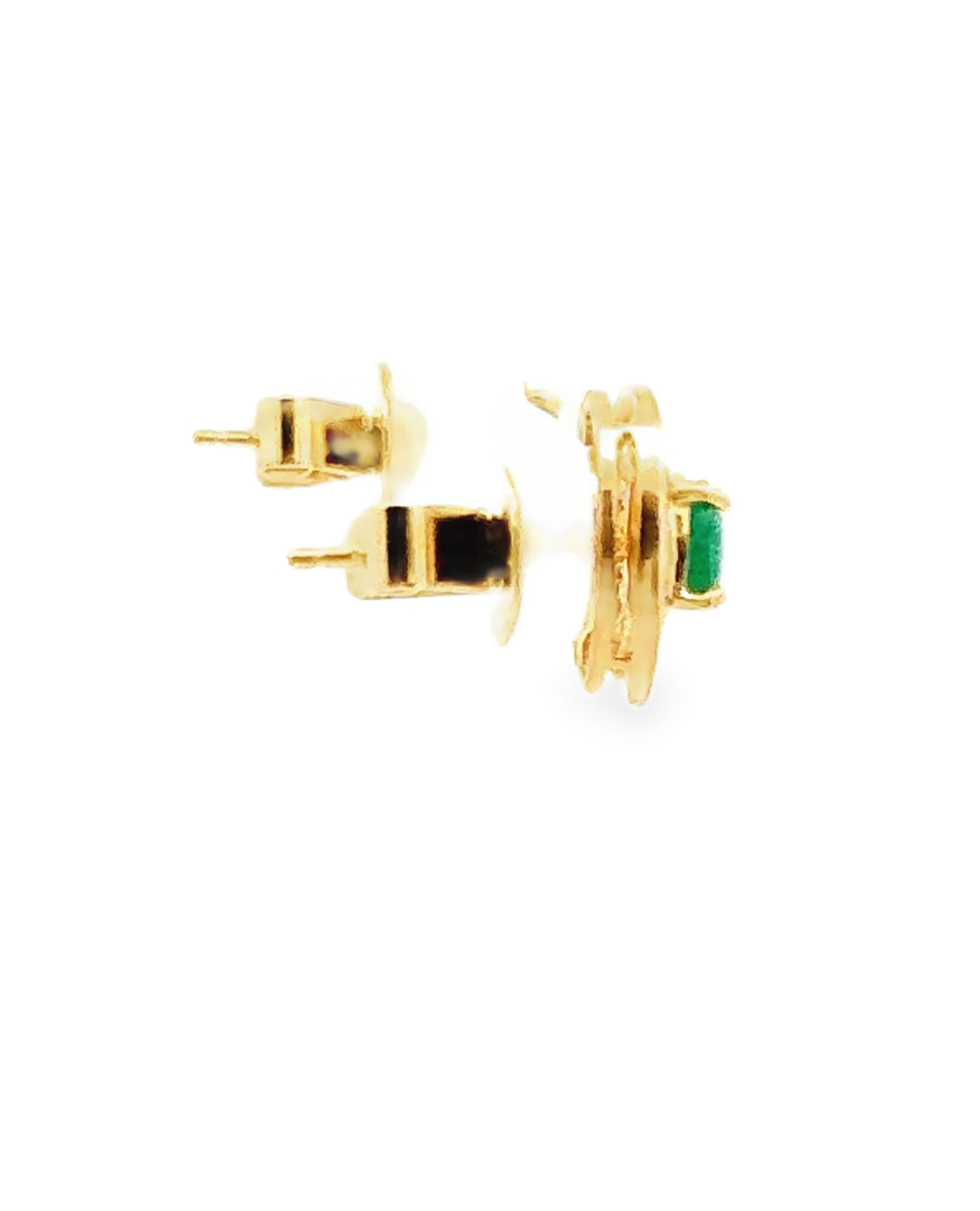 18K Yellow Gold Diamond and Emerald Stud Earrings with Pushbacks