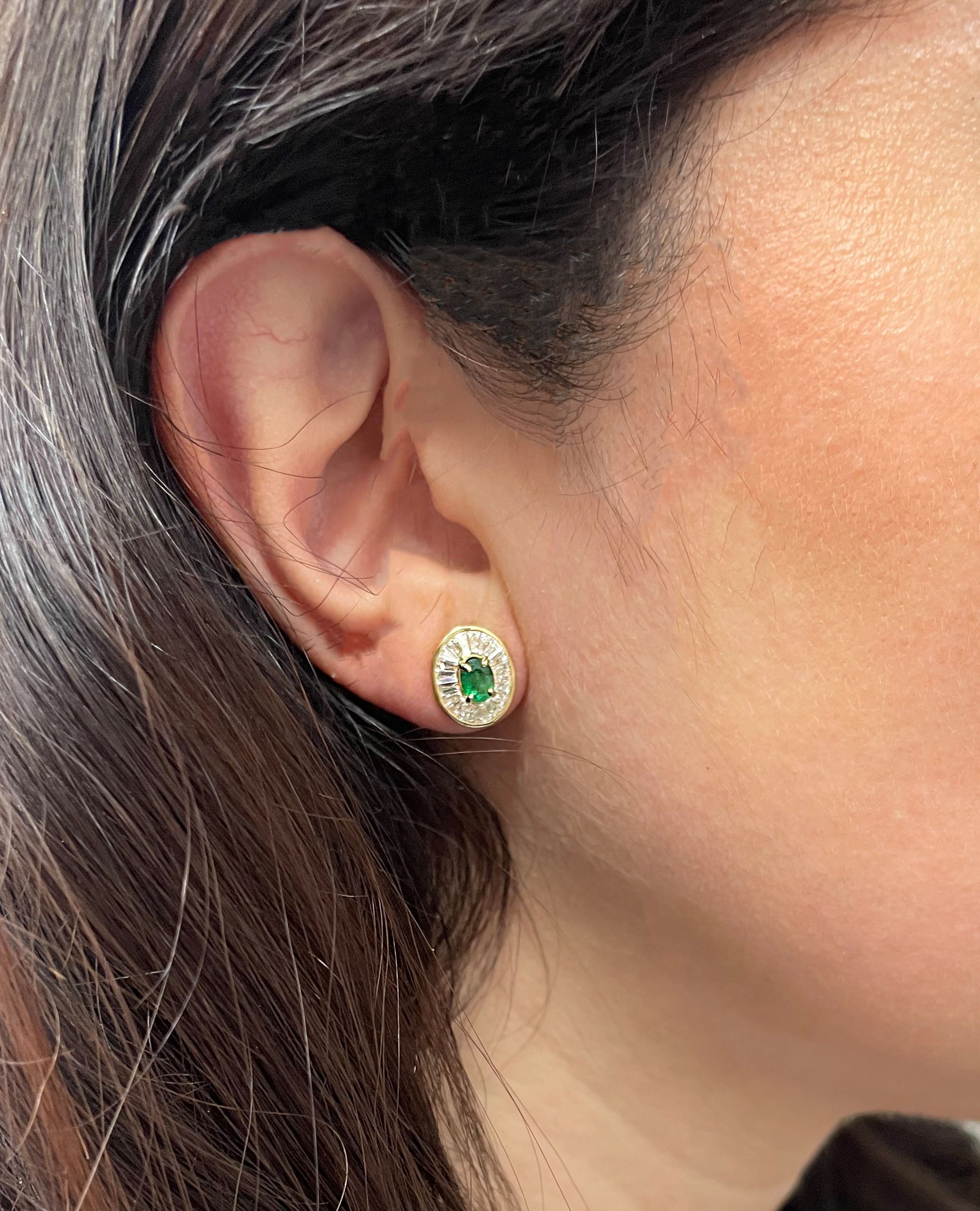 18K Yellow Gold Diamond and Emerald Stud Earrings with Pushbacks