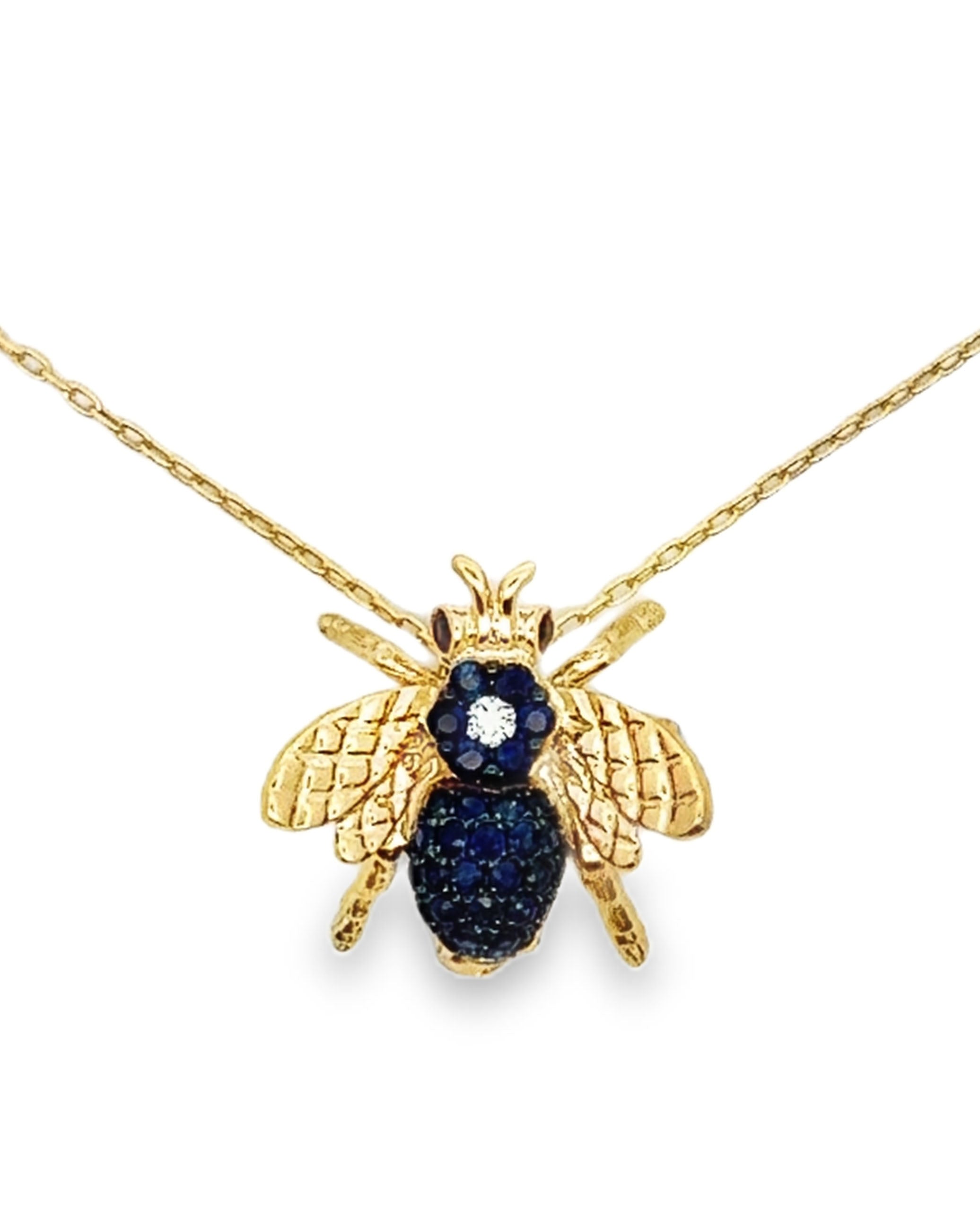 18K Yellow Gold Bee Pendant Necklace with Diamonds & Blue Sapphires