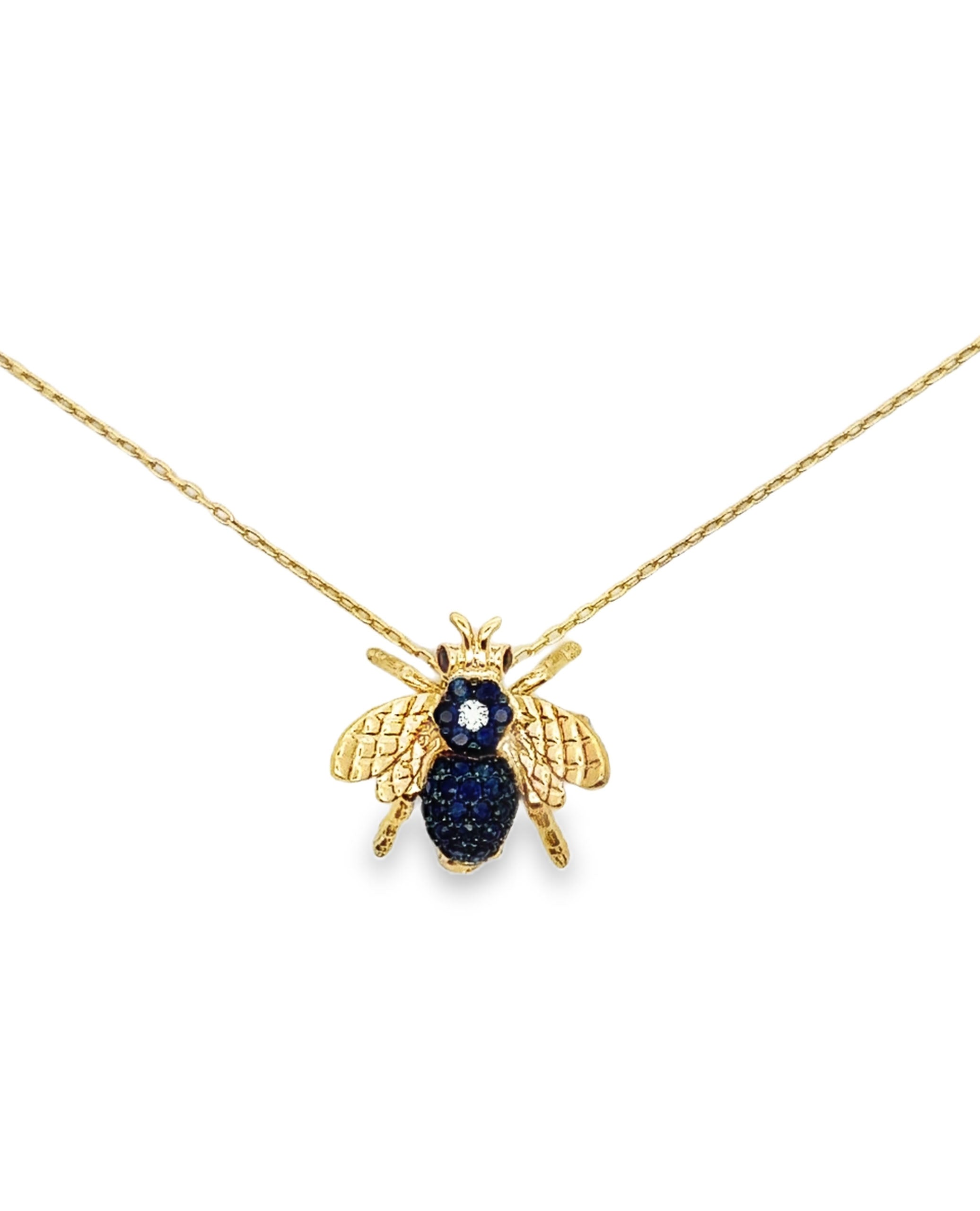 18K Yellow Gold Bee Pendant Necklace with Diamonds & Blue Sapphires