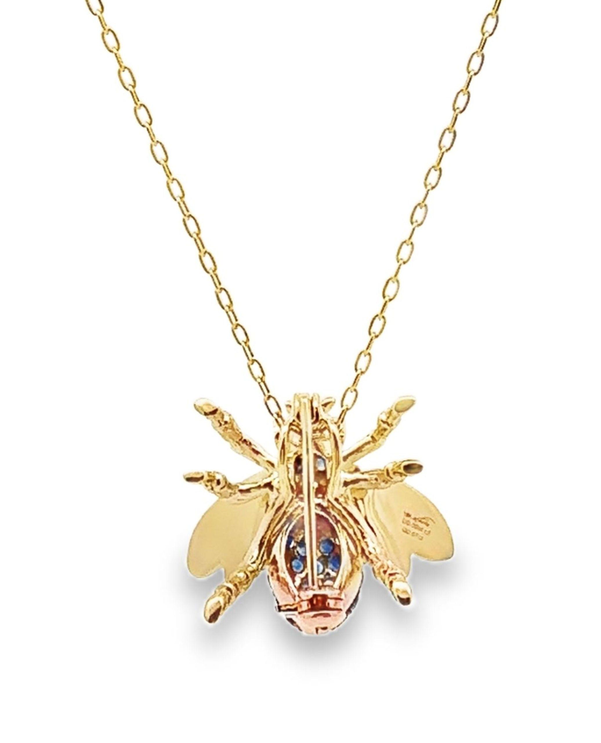 18K Yellow Gold Bee Sliding Pendant Necklace and Removable Brooch with Diamonds & Blue Sapphires