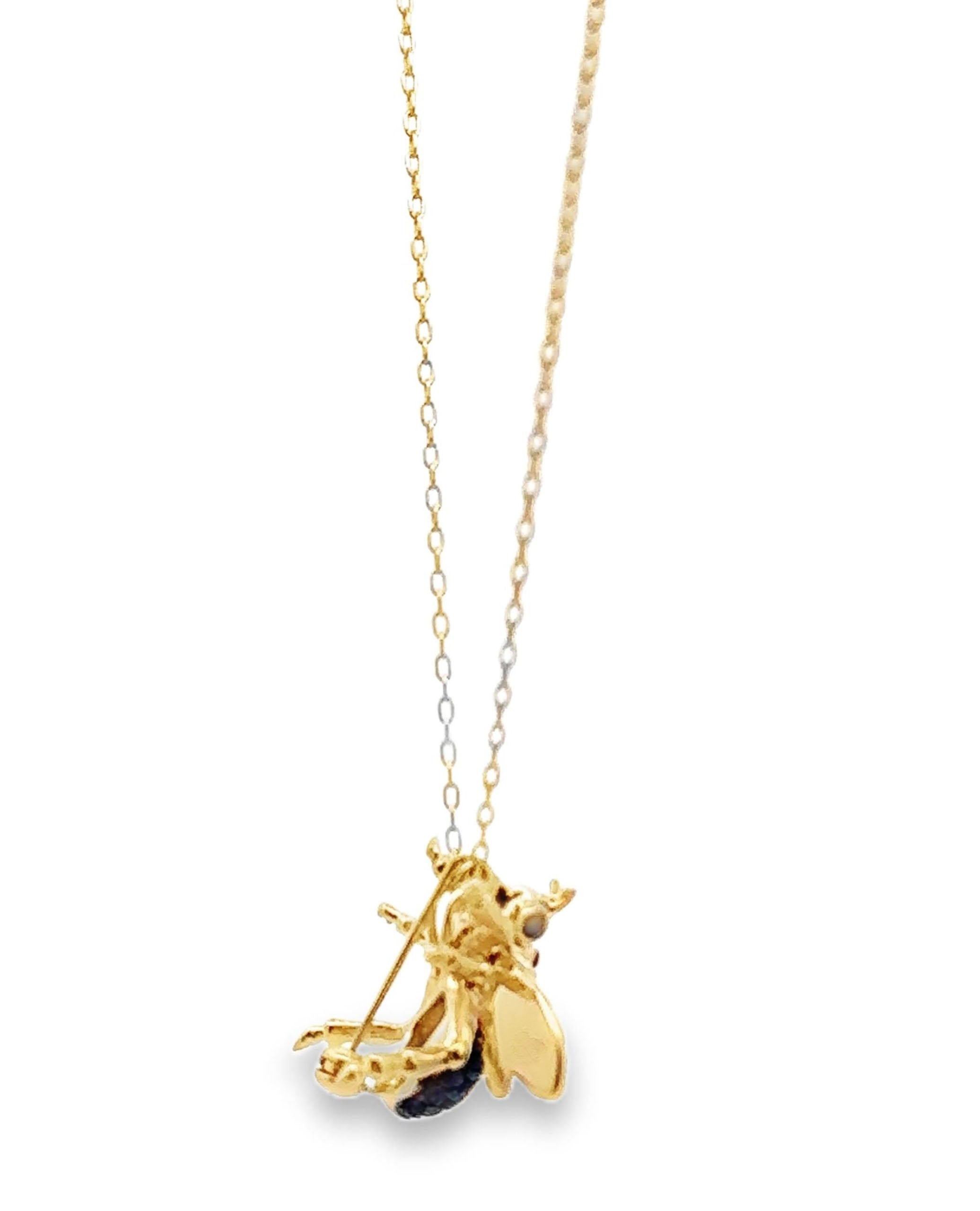 18K Yellow Gold Bee Pendant Necklace with Diamonds & Blue Sapphires
