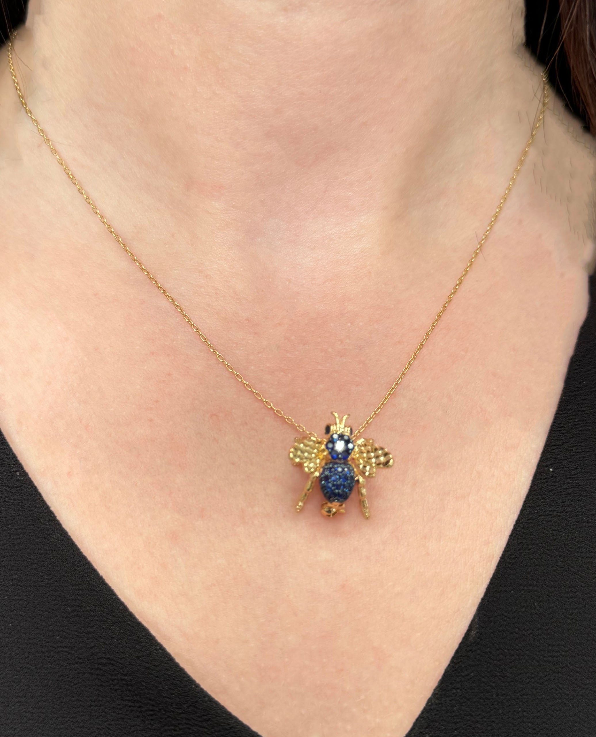 18K Yellow Gold Bee Pendant Necklace with Diamonds & Blue Sapphires