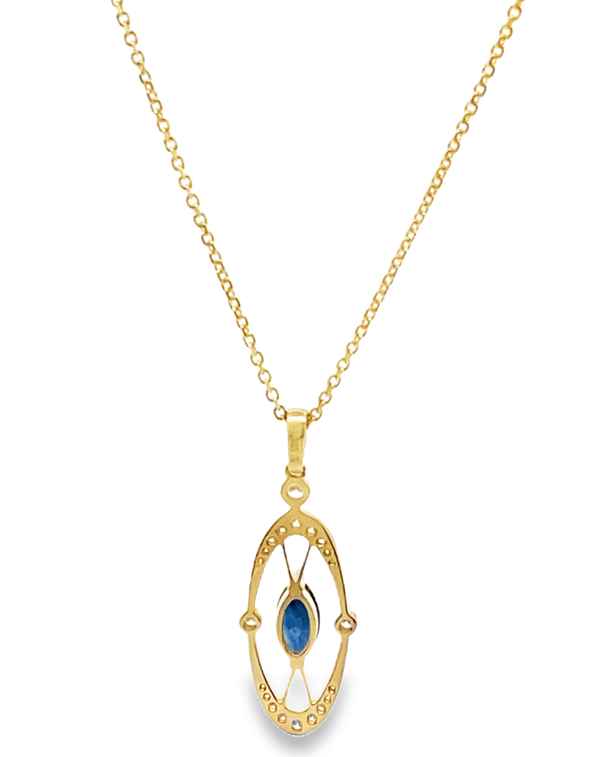 14K Yellow Gold Blue Sapphire and Diamond Pendant Necklace