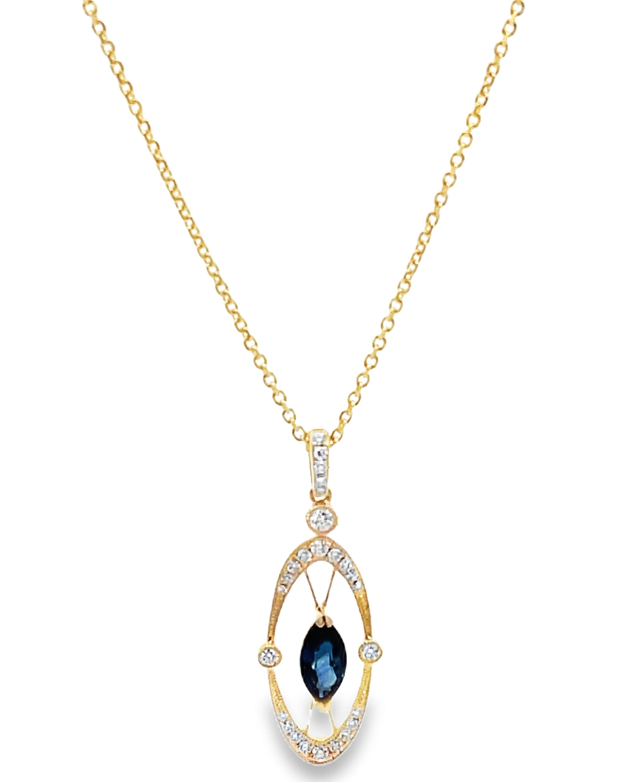 14K Yellow Gold Blue Sapphire and Diamond Pendant Necklace