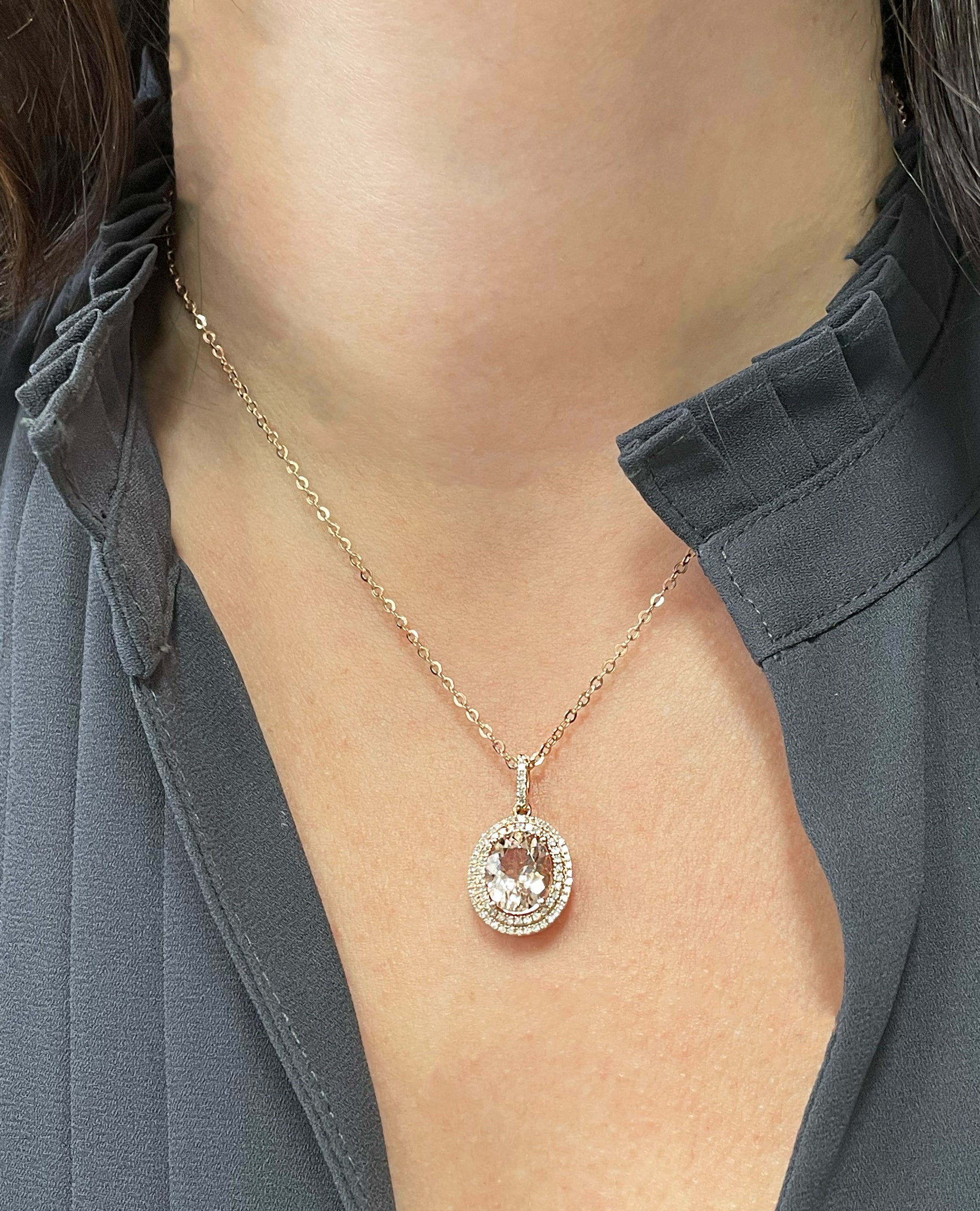 14K Rose Gold 3.09 Carat Morganite & Diamond Pendant Necklace