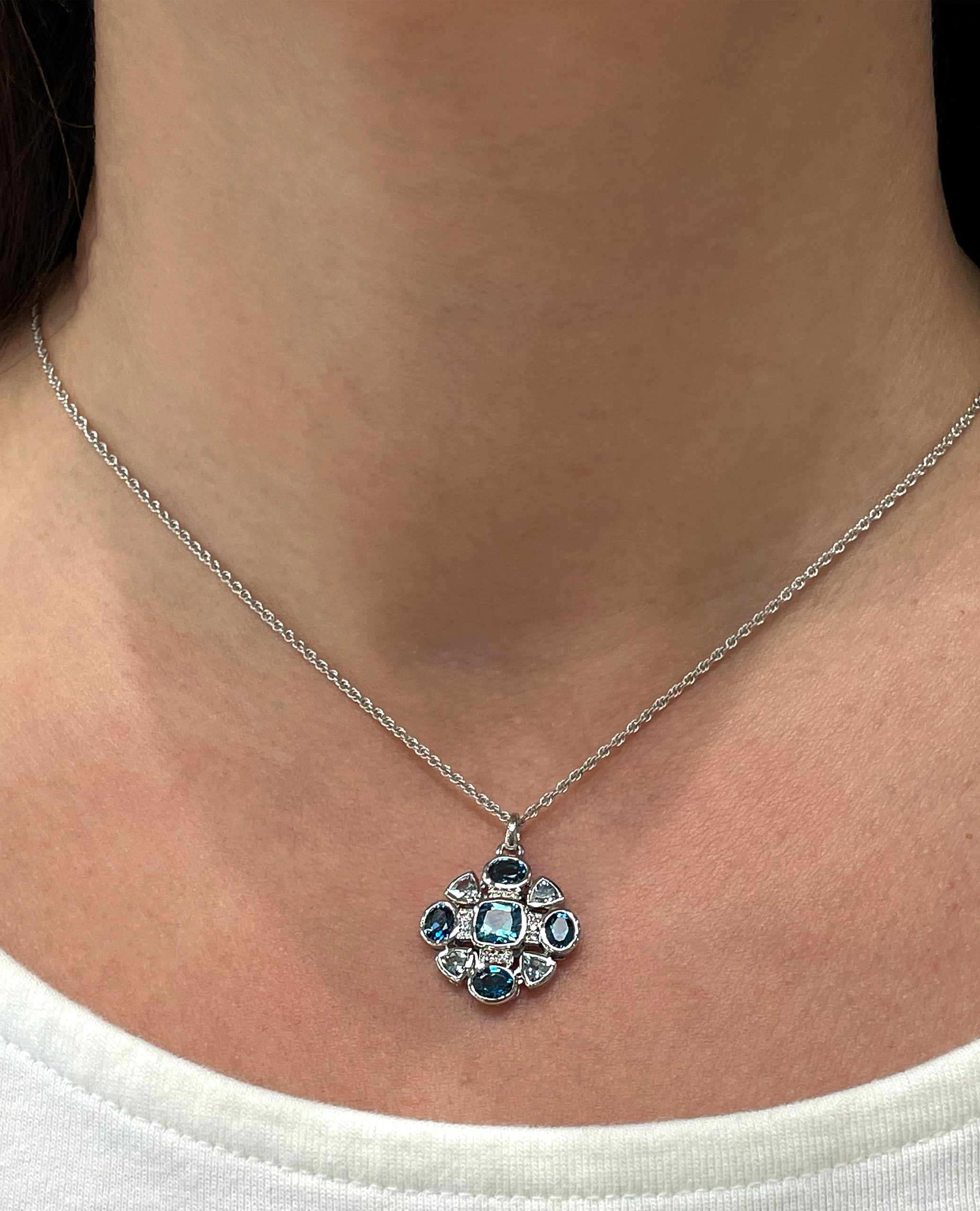 Allison Kaufman 14K White Gold Mixed Cut Blue Topaz & Diamond Geometric Necklace