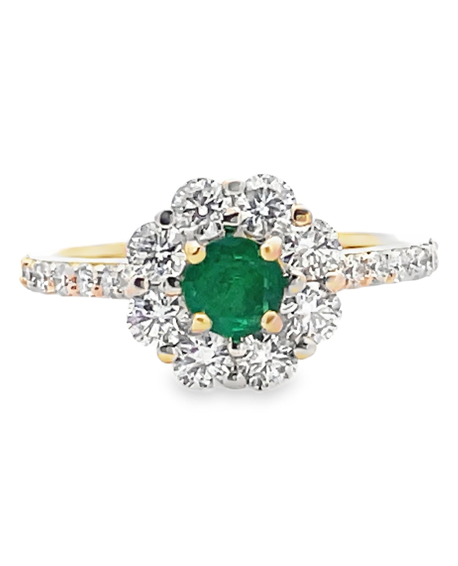 14K Yellow Gold Round Emerald & Diamond Floral Halo Ring