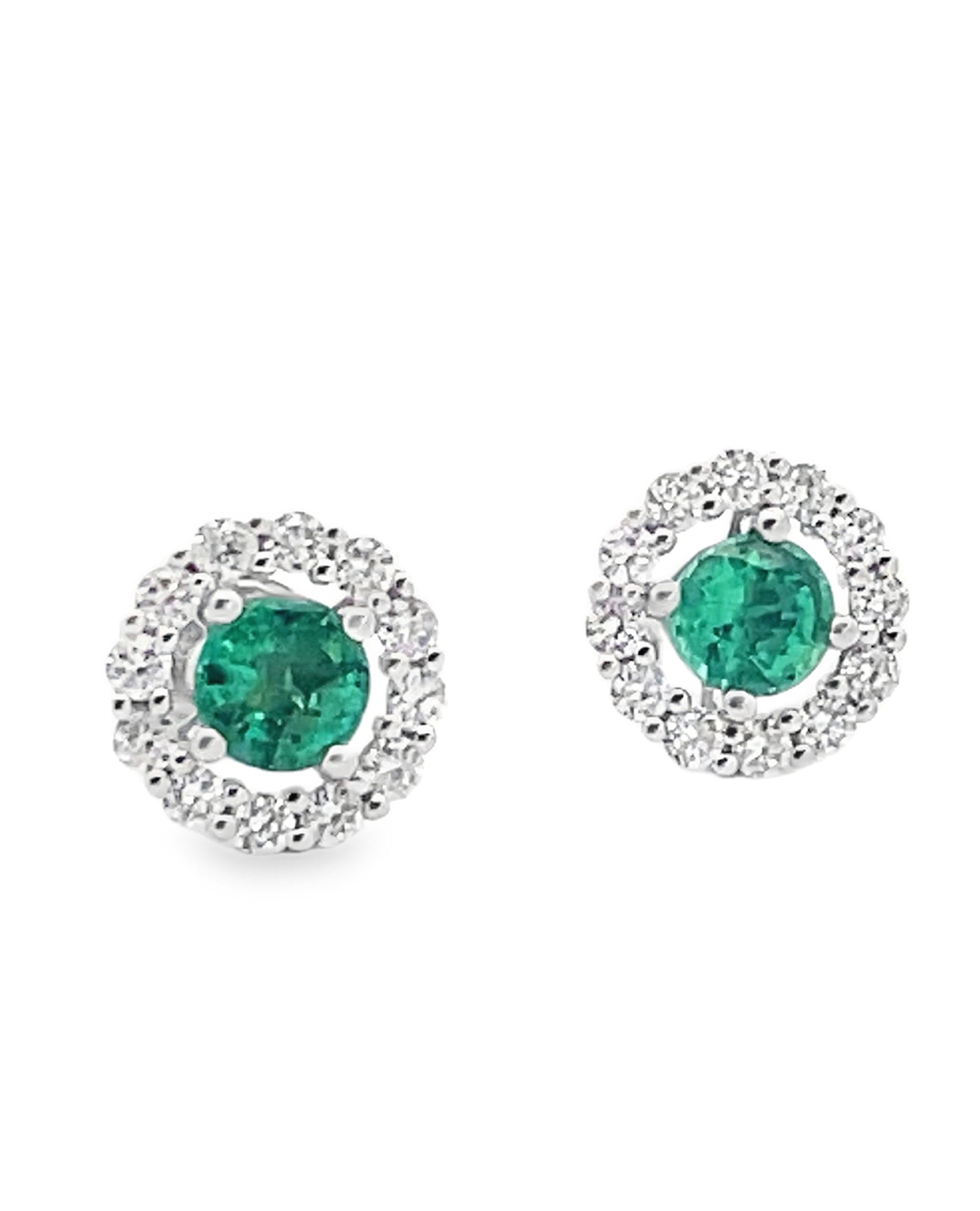 Round Emerald Stud Earrings with Halo Diamonds and Pushbacks
