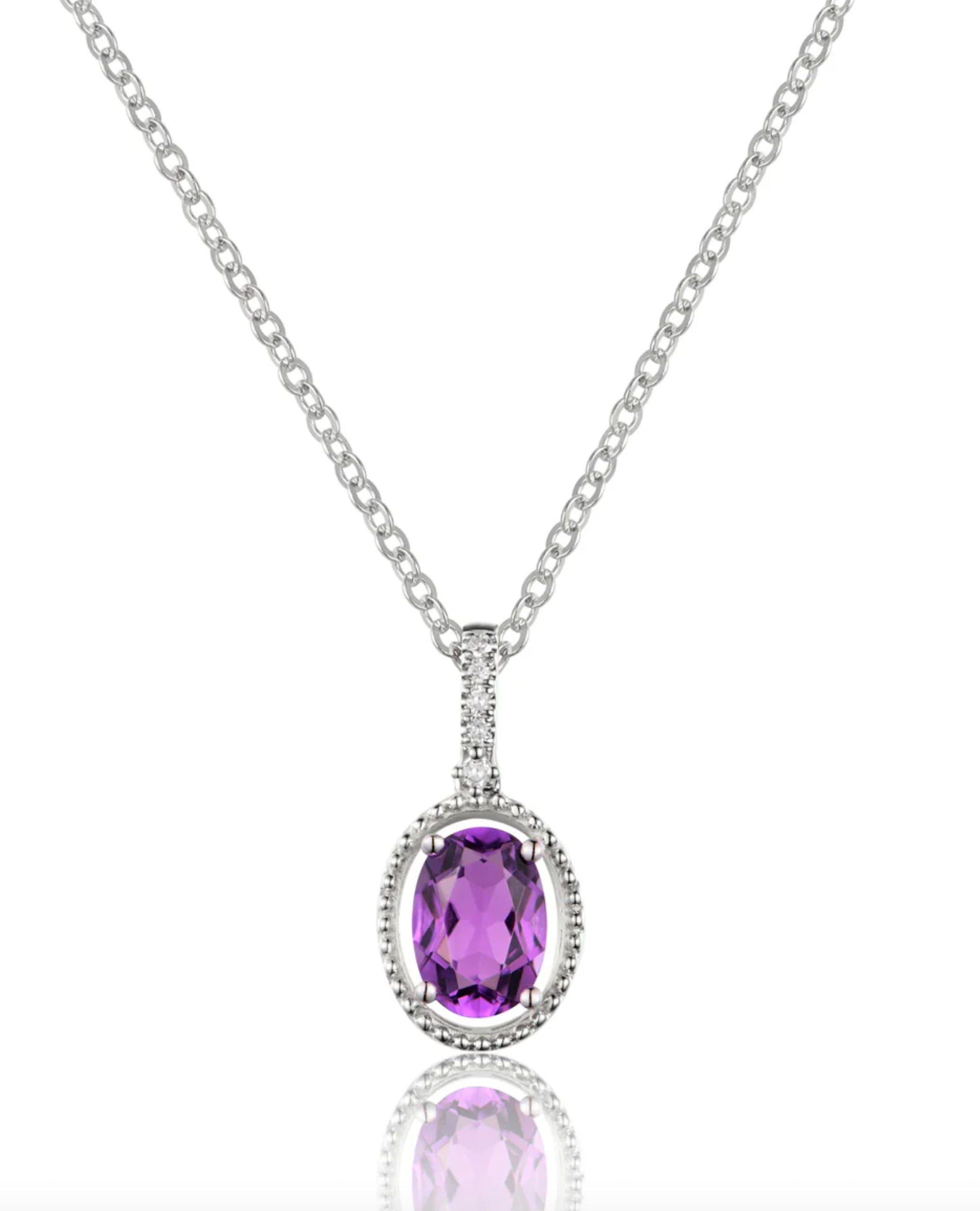 14K White Gold 0.80 Carat Oval Amethyst & Diamond Pendant Necklace