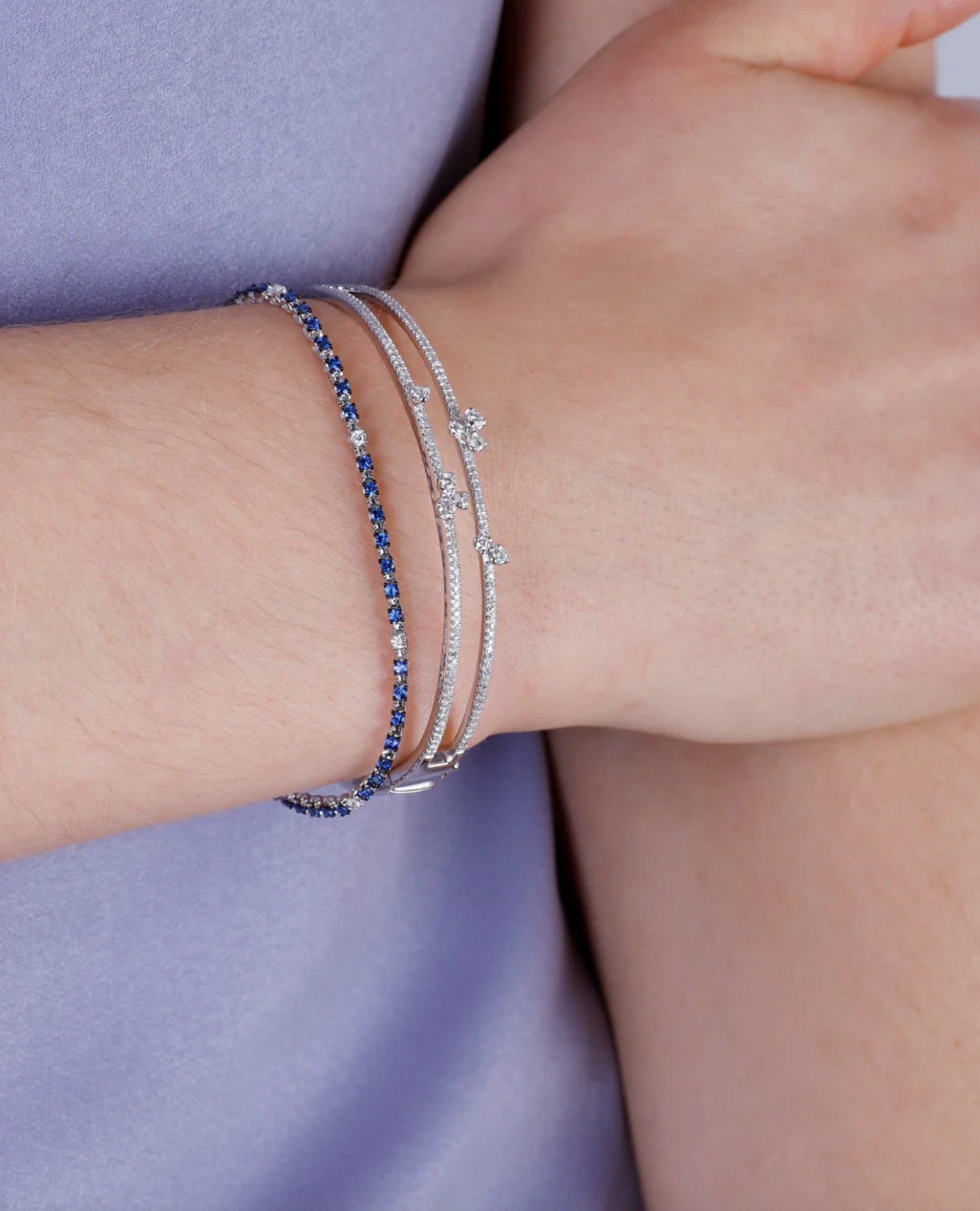 Double Row Open Bangle Bracelet in 14K White Gold with Cascading Diamonds