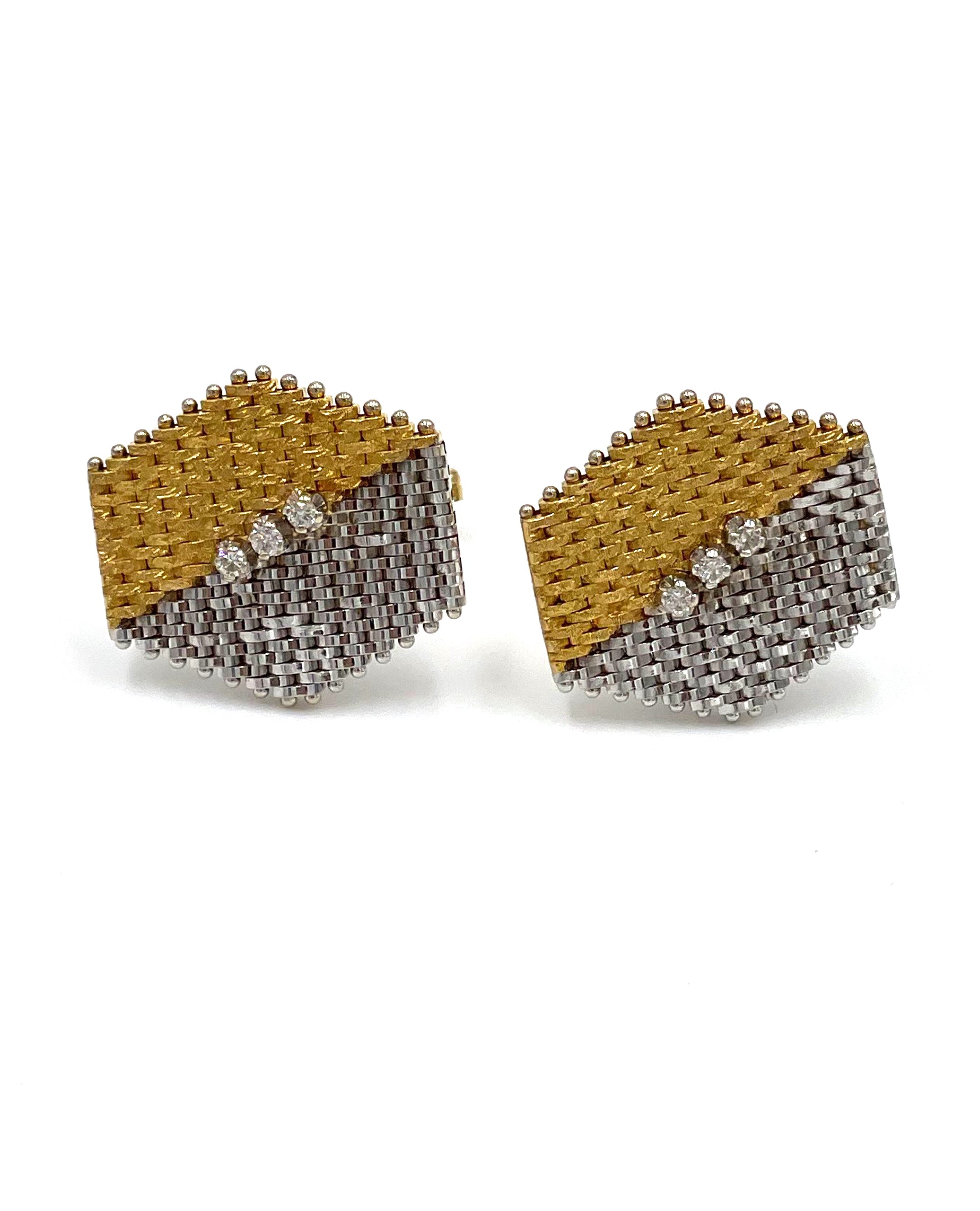 Pre-owned 14k Yellow and White Gold Six-Sided Cuff Links with Diamonds