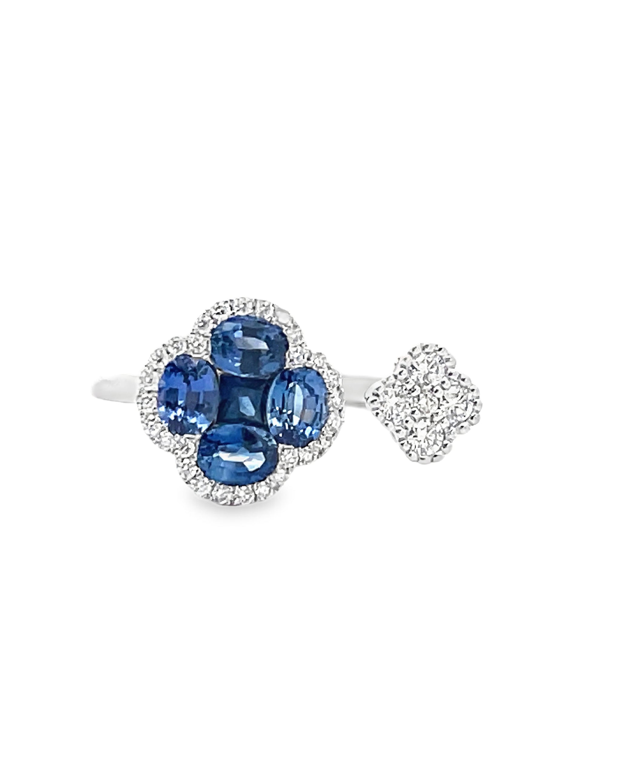 Sapphire Quatrefoil Bypass Ring in 18K White Gold with Diamonds