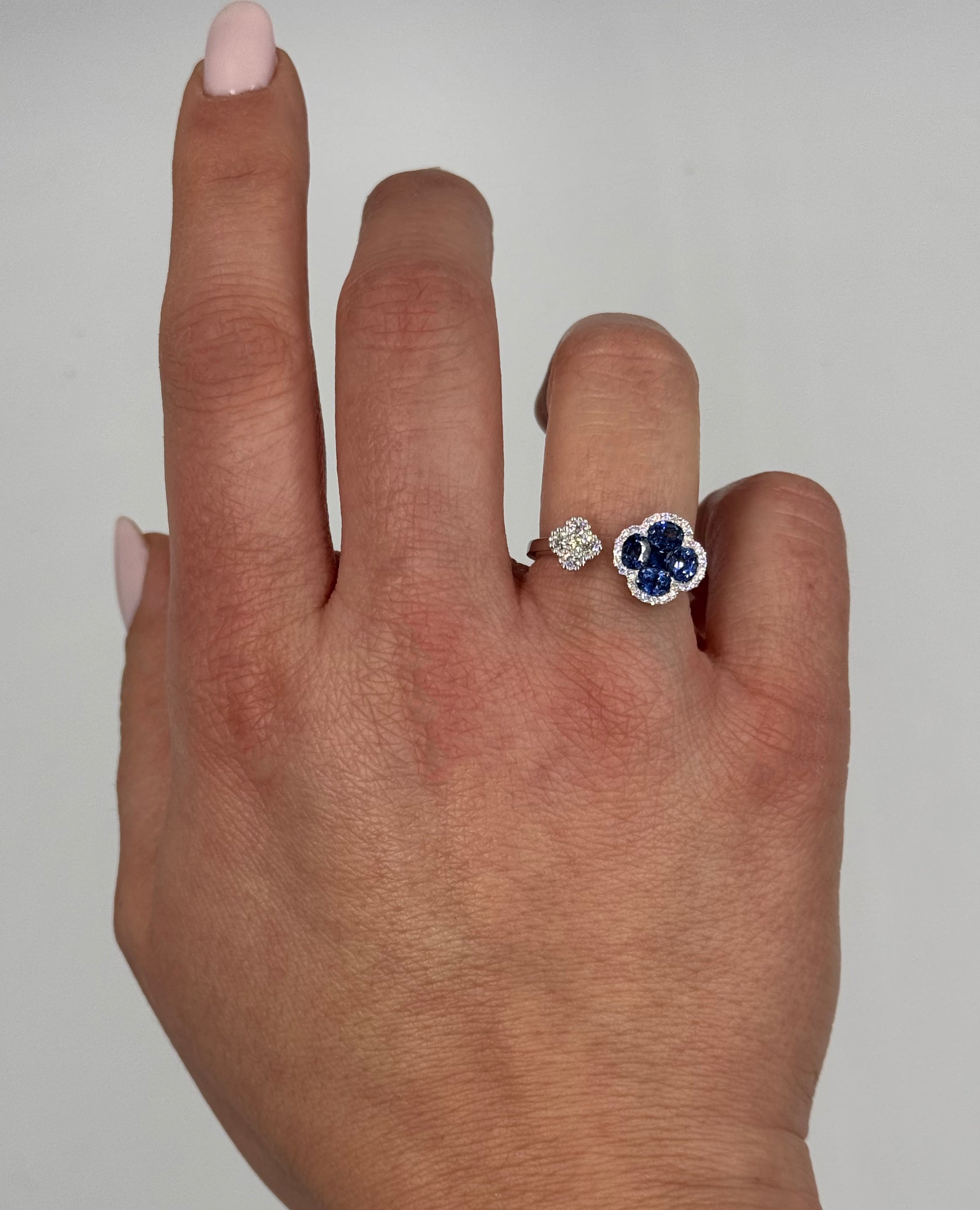 Sapphire Quatrefoil Bypass Ring in 18K White Gold with Diamonds