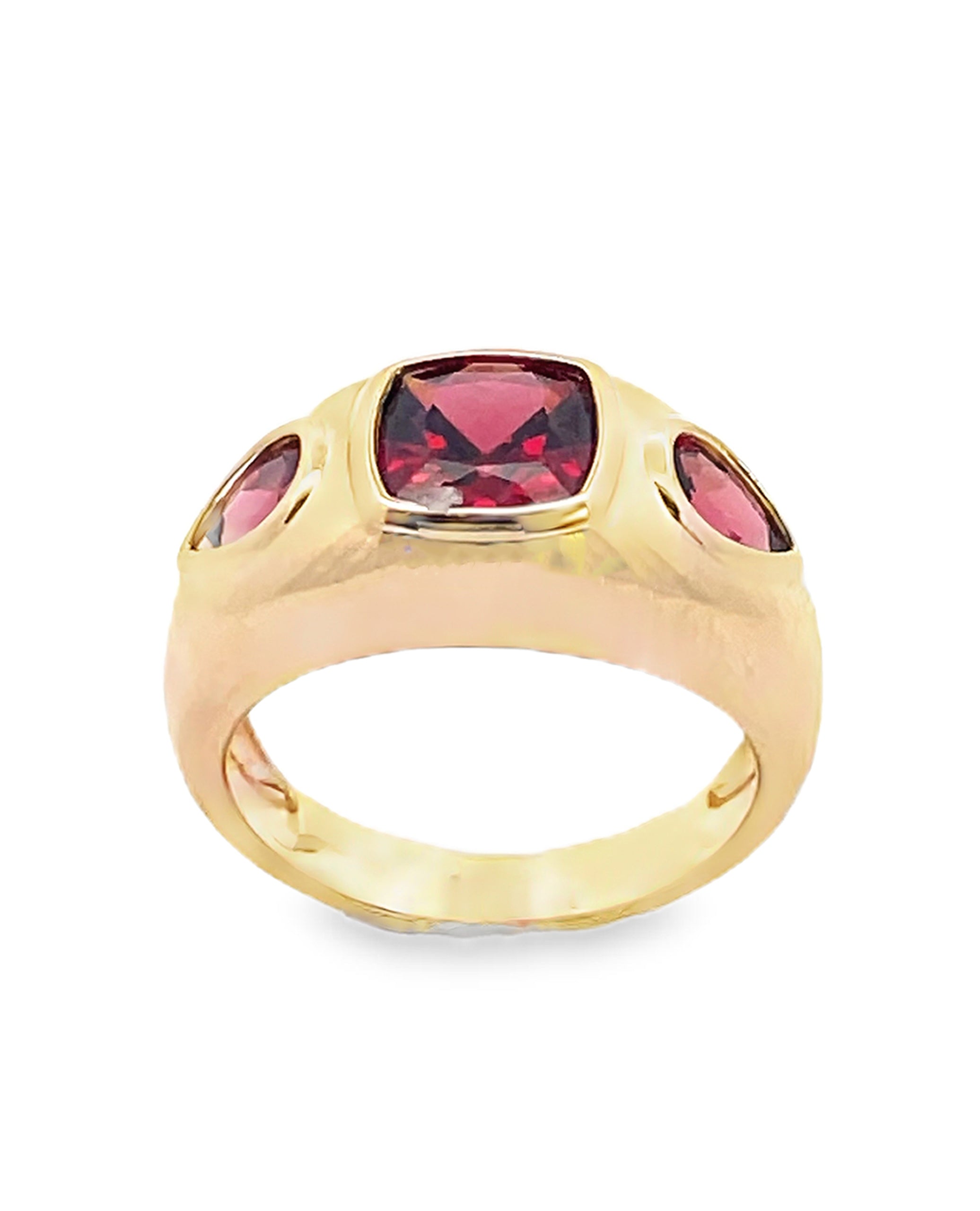 Three Stone Geometric Garnet Ring in 14K Yellow Gold
