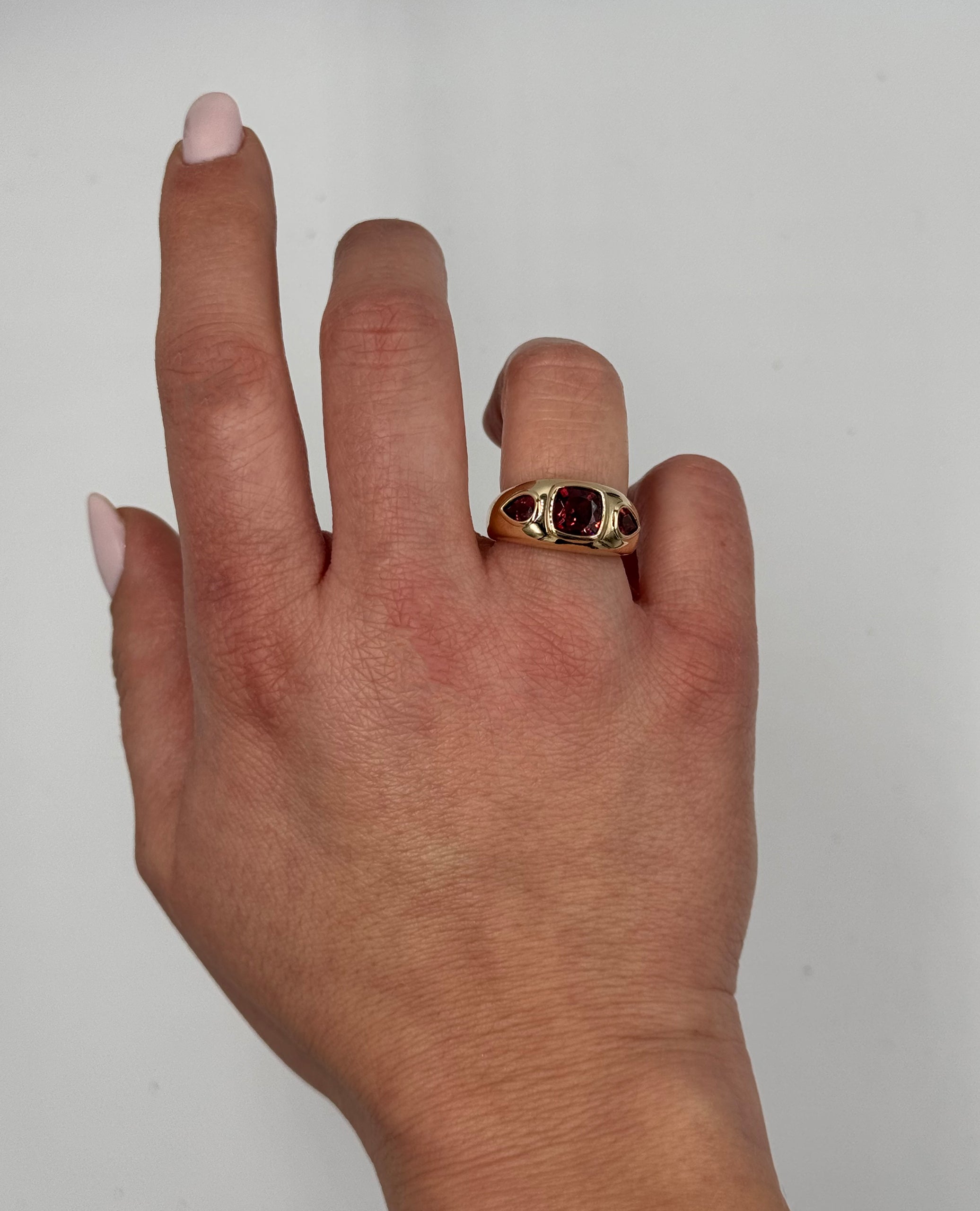 Three Stone Geometric Garnet Ring in 14K Yellow Gold