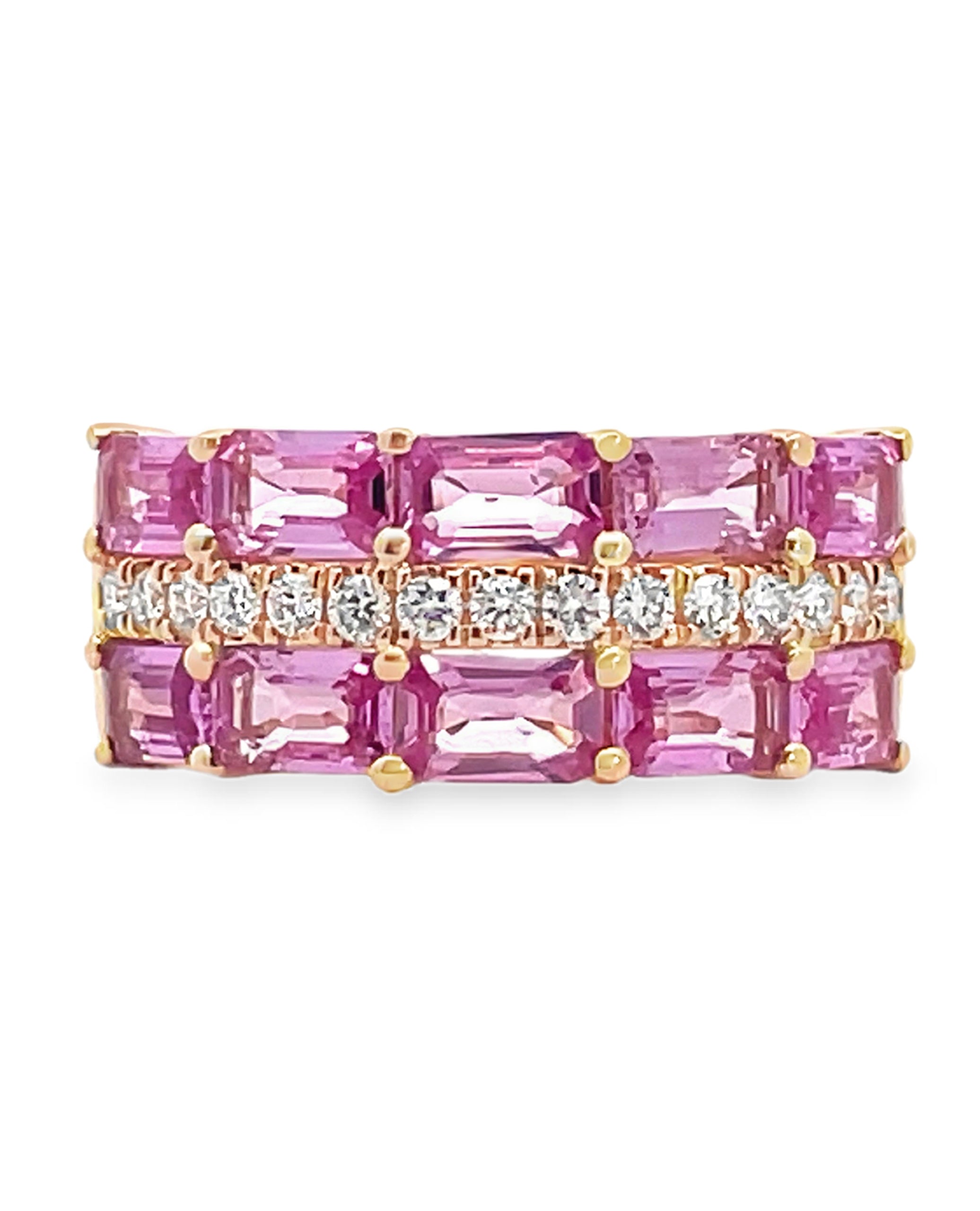 Three Row Emerald Cut Pink Sapphire and Diamond Ring in 14K Yellow Gold Sapphire Ring