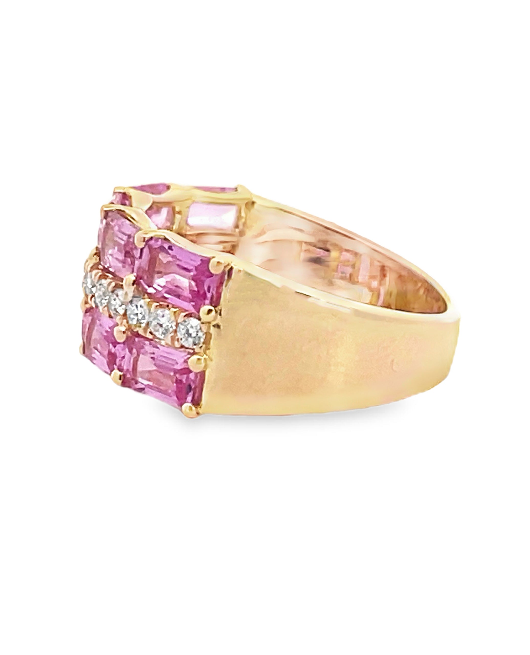 Three Row Emerald Cut Pink Sapphire and Diamond Ring in 14K Yellow Gold Sapphire Ring