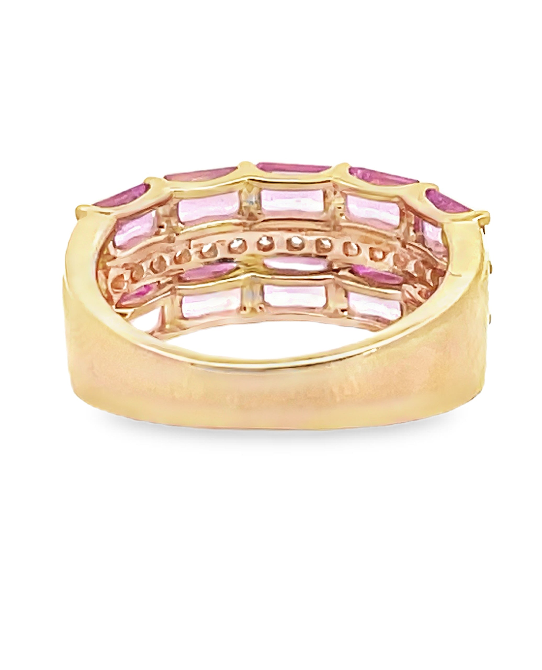 Three Row Emerald Cut Pink Sapphire and Diamond Ring in 14K Yellow Gold Sapphire Ring
