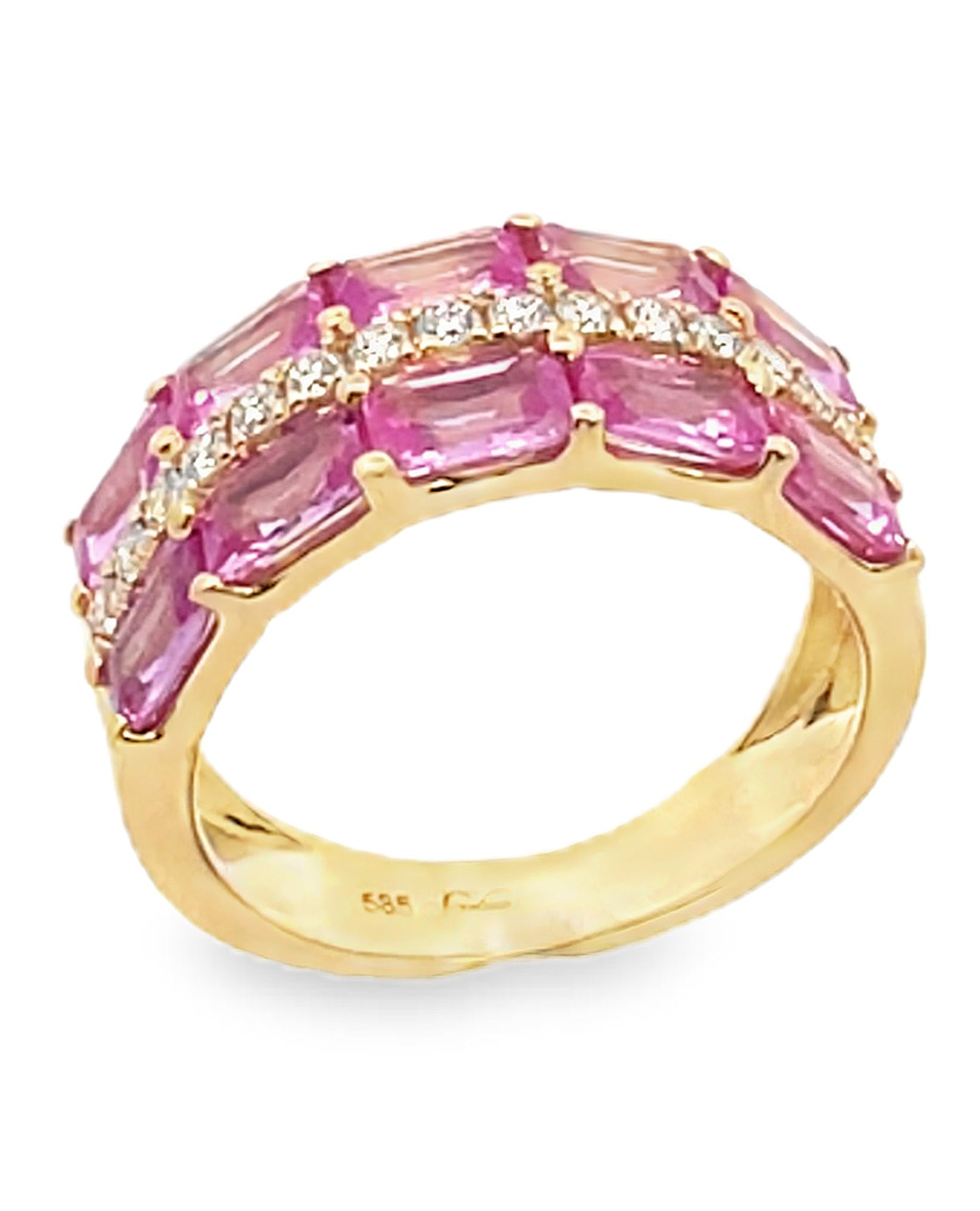 Three Row Emerald Cut Pink Sapphire and Diamond Ring in 14K Yellow Gold Sapphire Ring