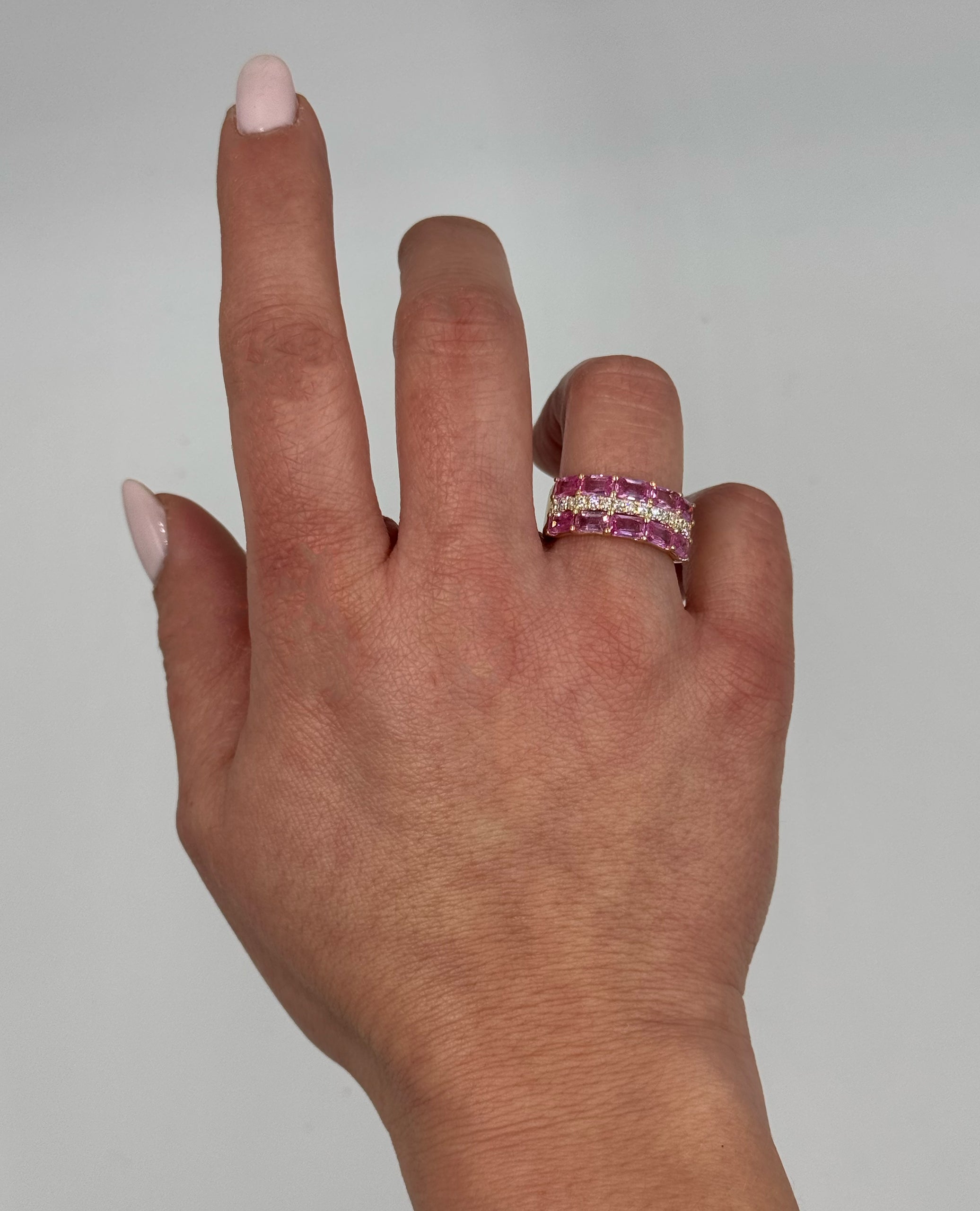 Three Row Emerald Cut Pink Sapphire and Diamond Ring in 14K Yellow Gold Sapphire Ring