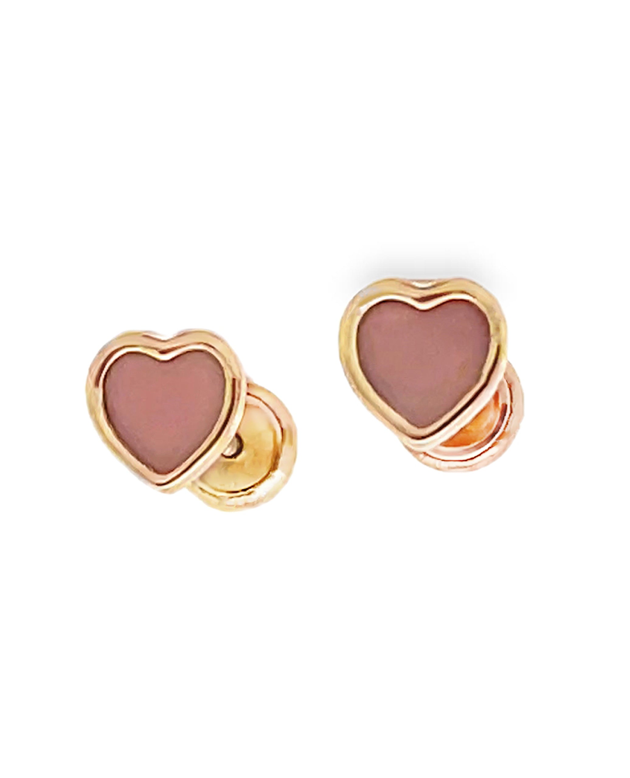 14K Yellow Gold Pink Heart Stud Earrings with Screwbacks