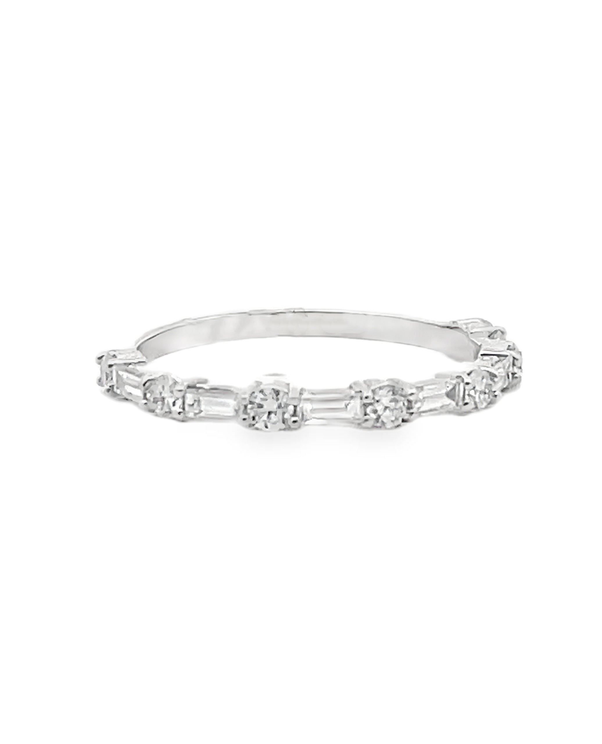 14K White Gold Emerald & Round Diamond Eternity Band