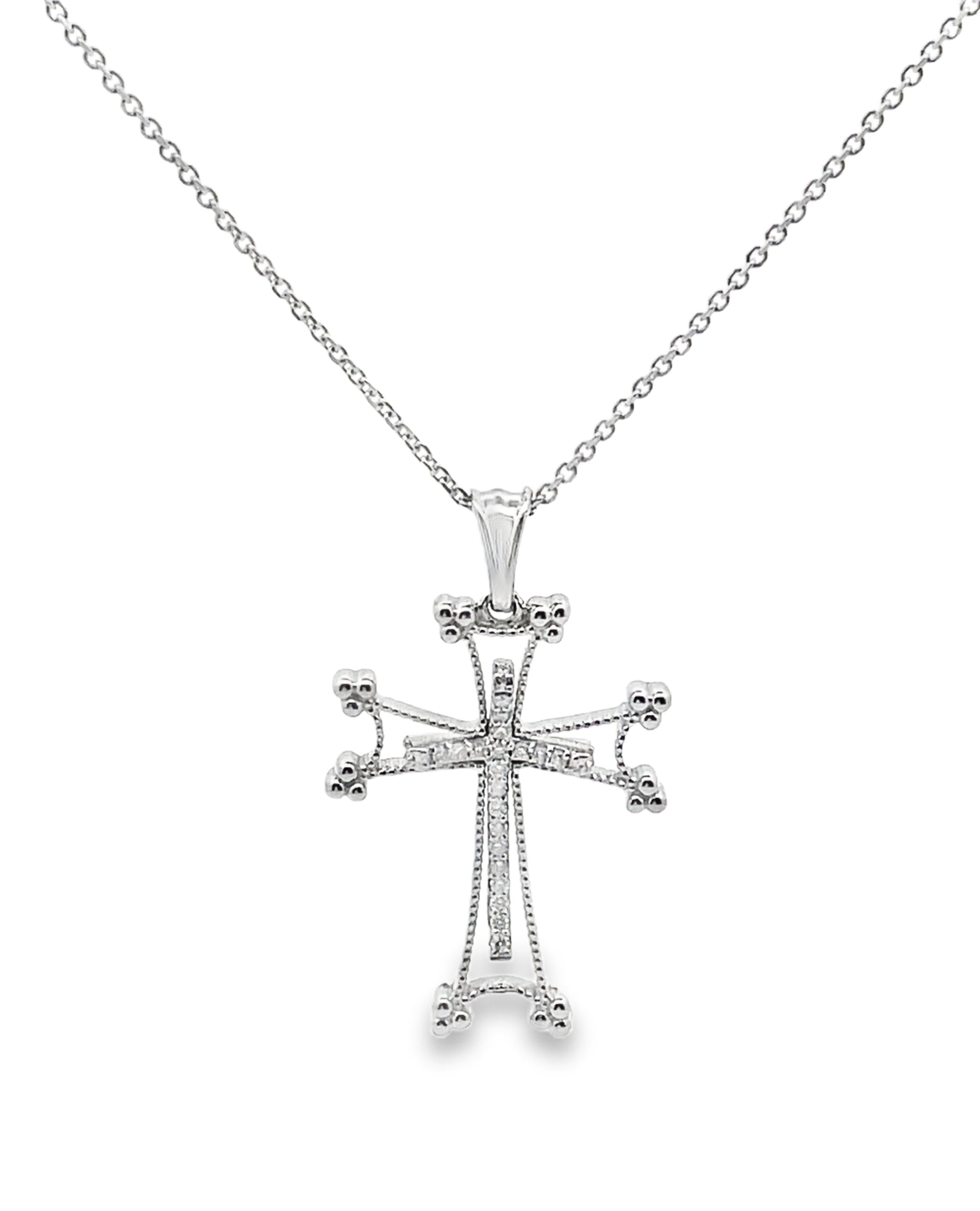 14K White Gold Diamond Cross Necklace