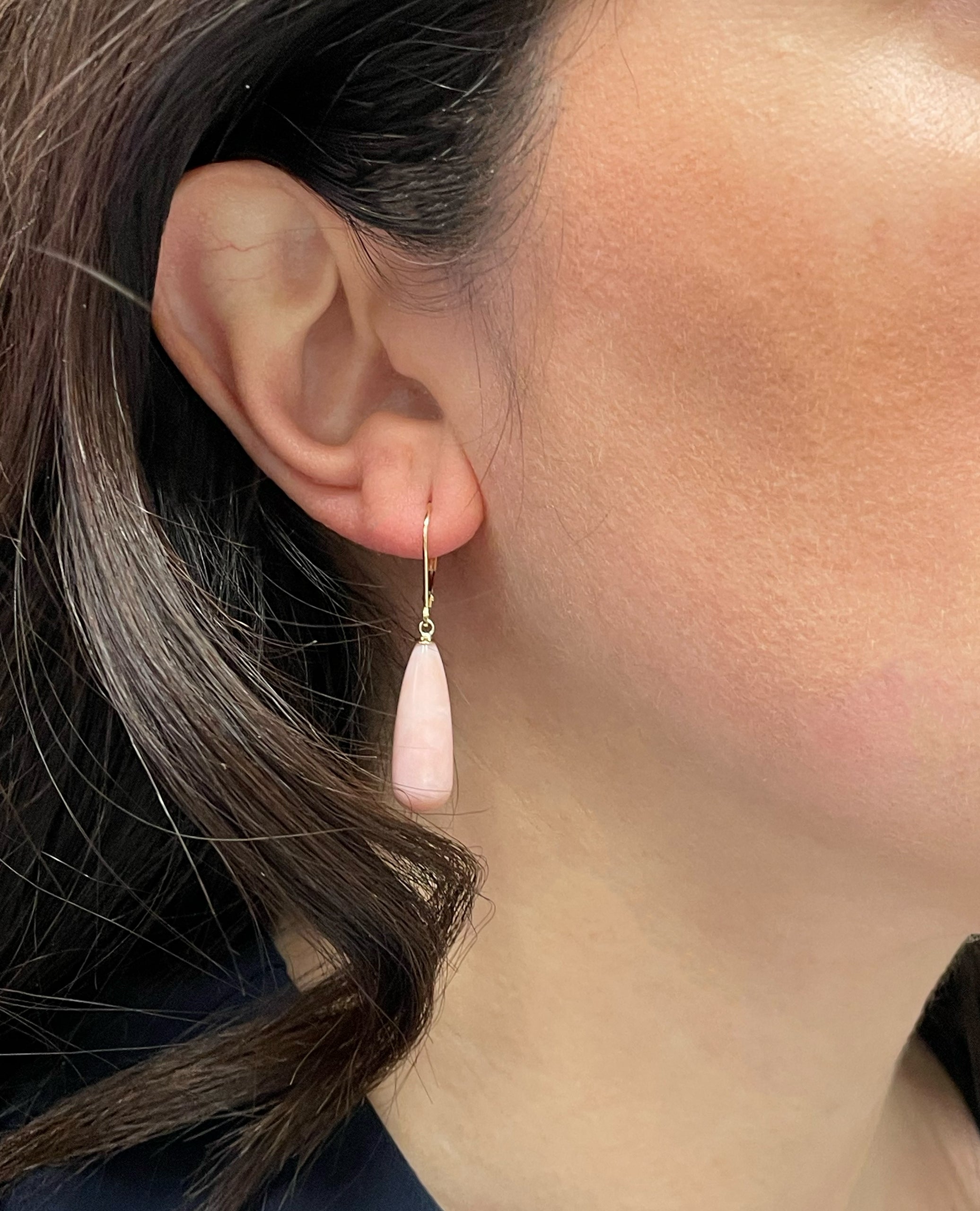 14K Yellow Gold Pink Opal Drop Leverback Earrings