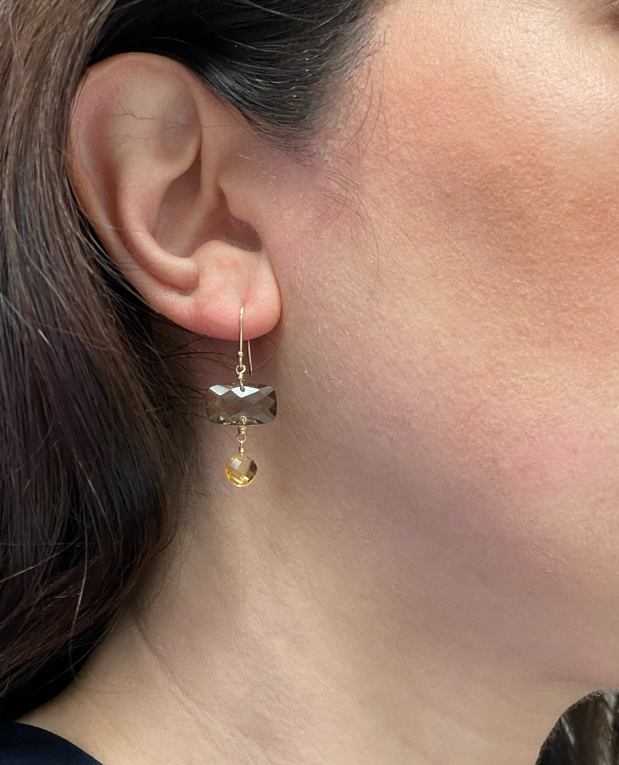 14K Yellow Gold Smoky Quartz Citrine Hook Earring
