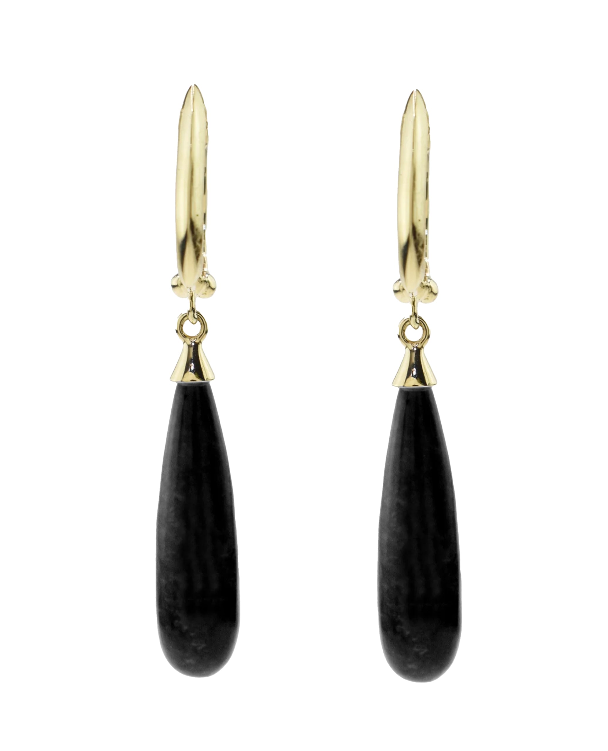 14K Yellow Gold Black Onyx Tear Drop Huggie Hinged Hoop Earring