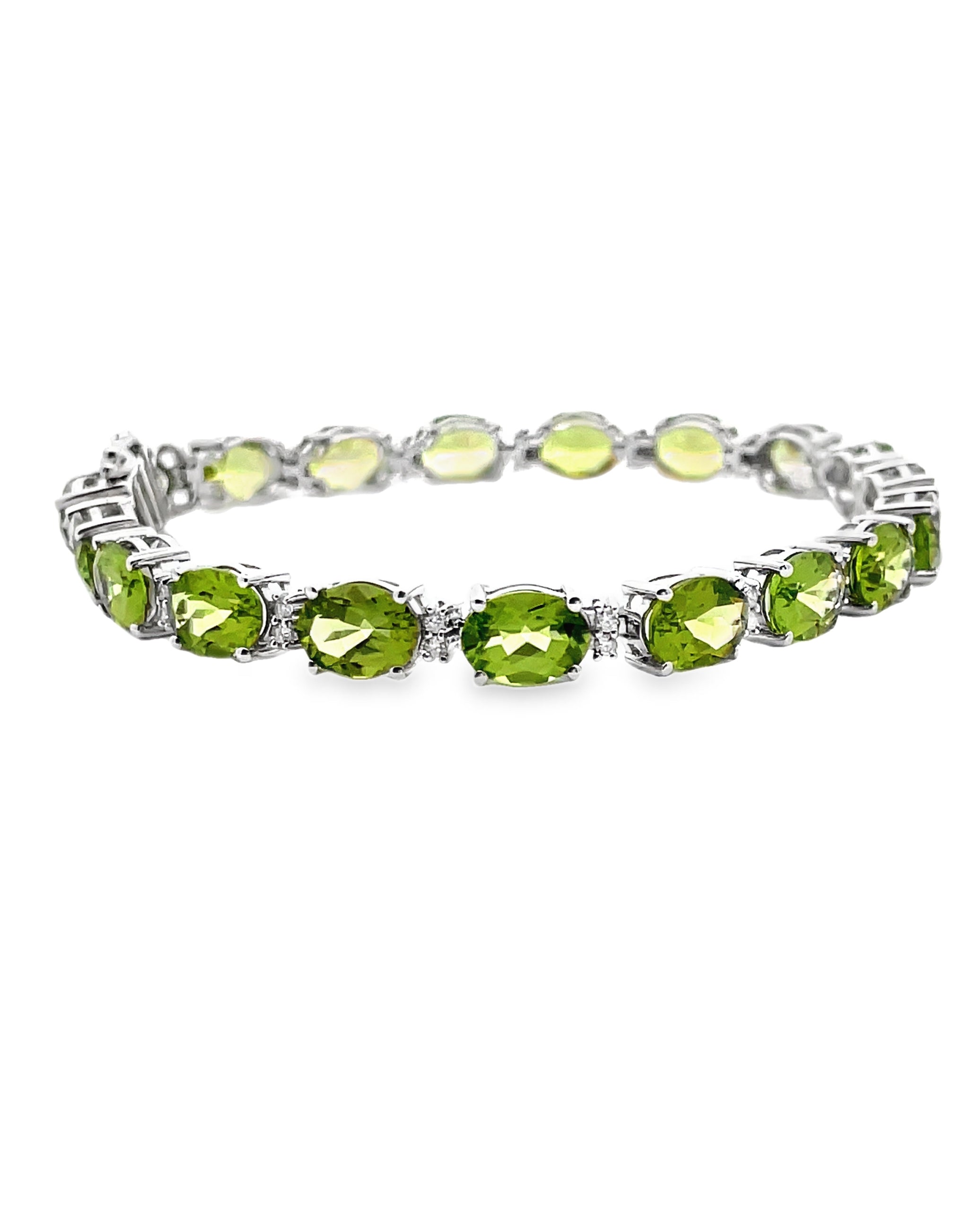 14K White Gold Oval Peridot & Diamond Tennis Bracelet