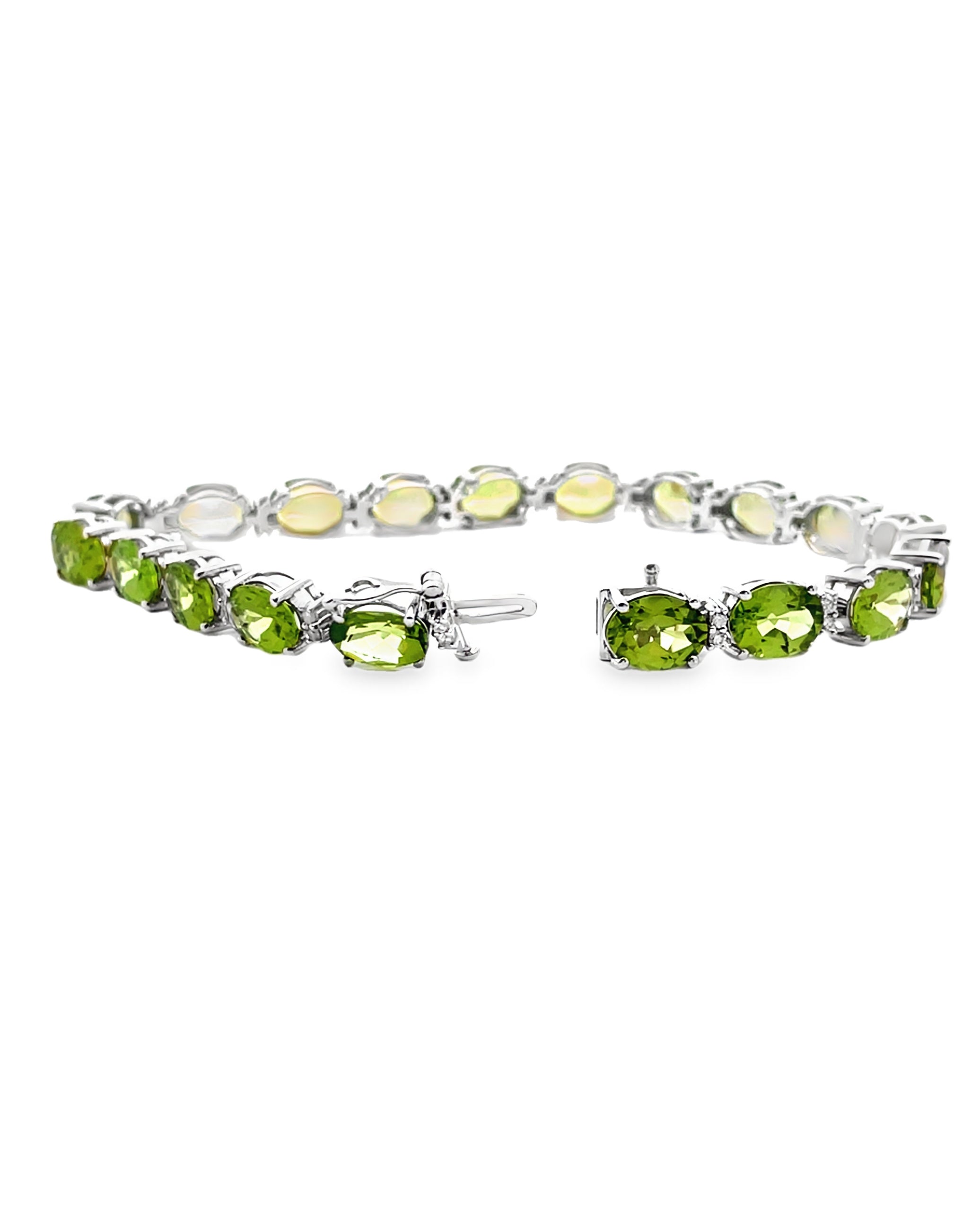 14K White Gold Oval Peridot & Diamond Tennis Bracelet