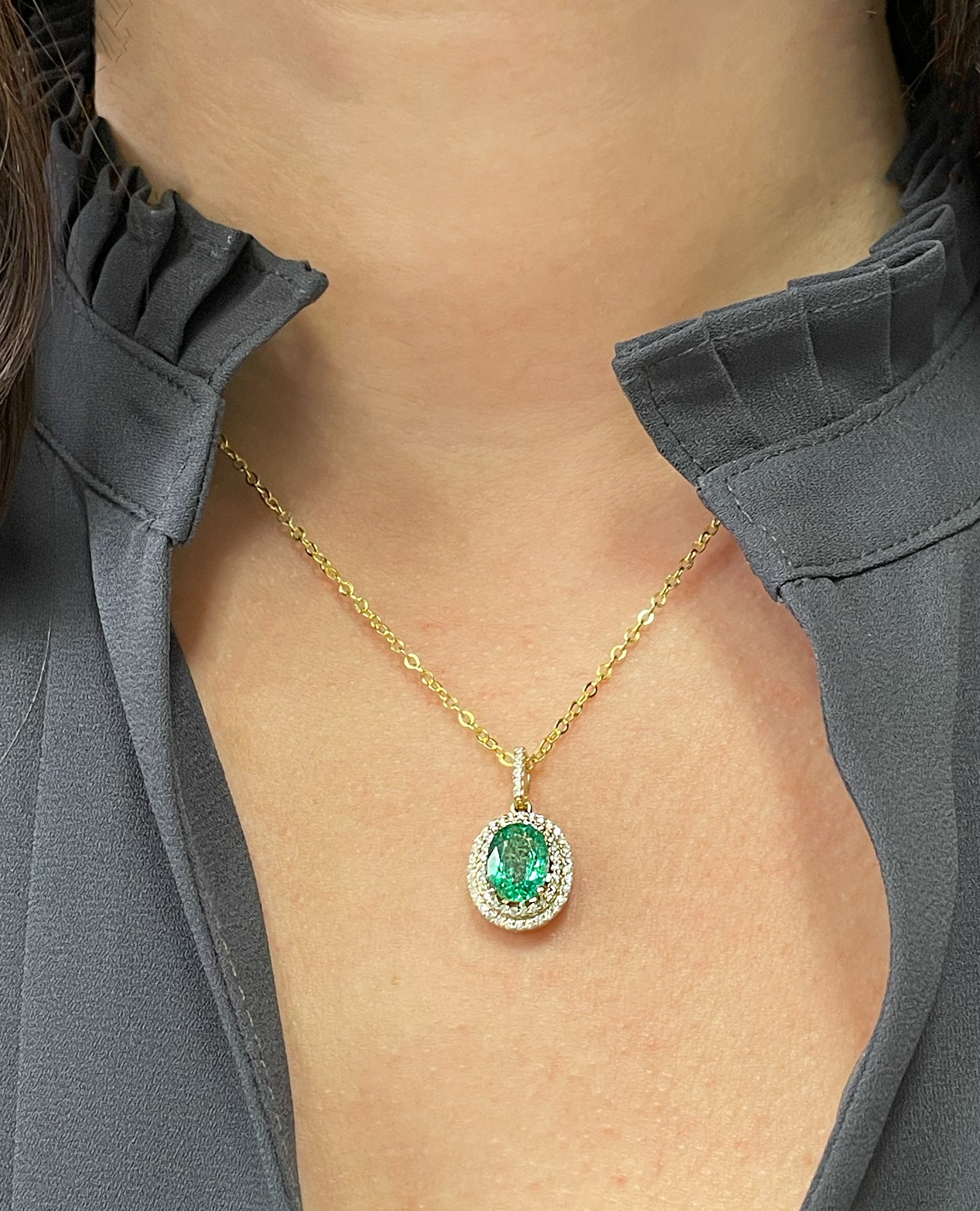 14K Yellow Gold Emerald & Diamond Necklace