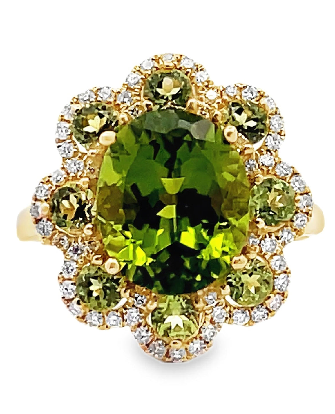 Oval Peridot Flower Ring in 14K Yellow Gold with Diamonds