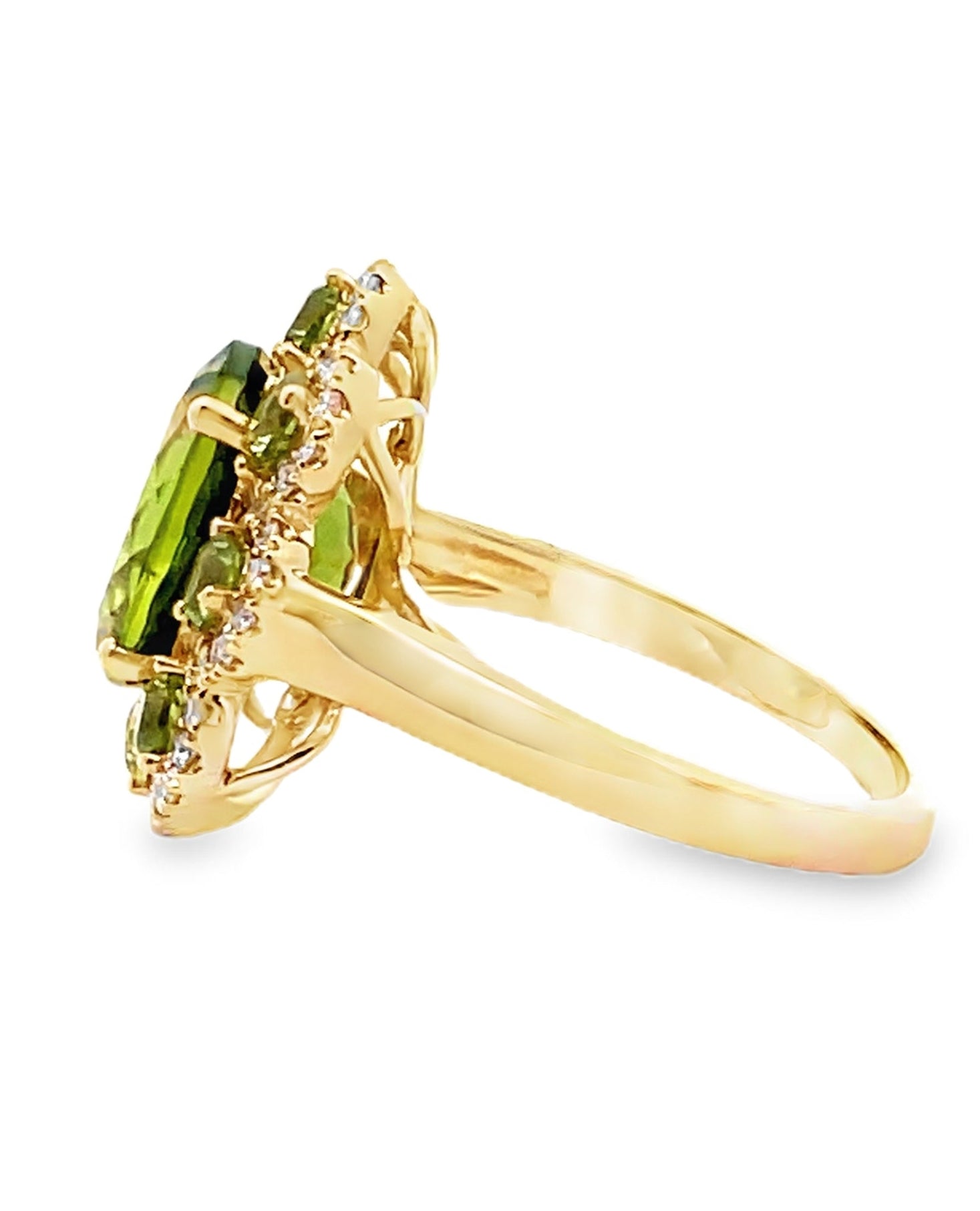 Oval Peridot Flower Ring in 14K Yellow Gold with Diamonds