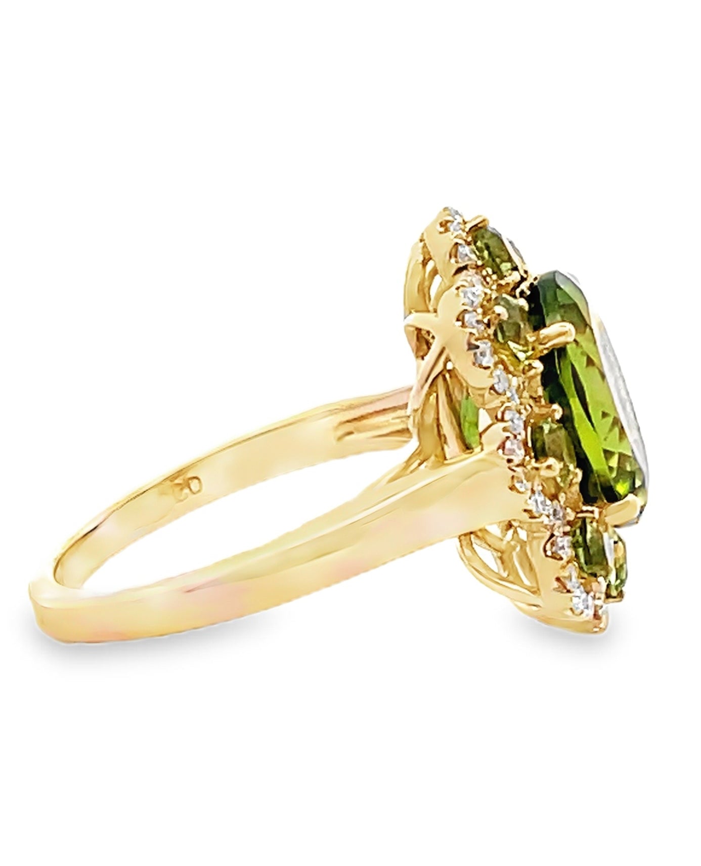 Oval Peridot Flower Ring in 14K Yellow Gold with Diamonds
