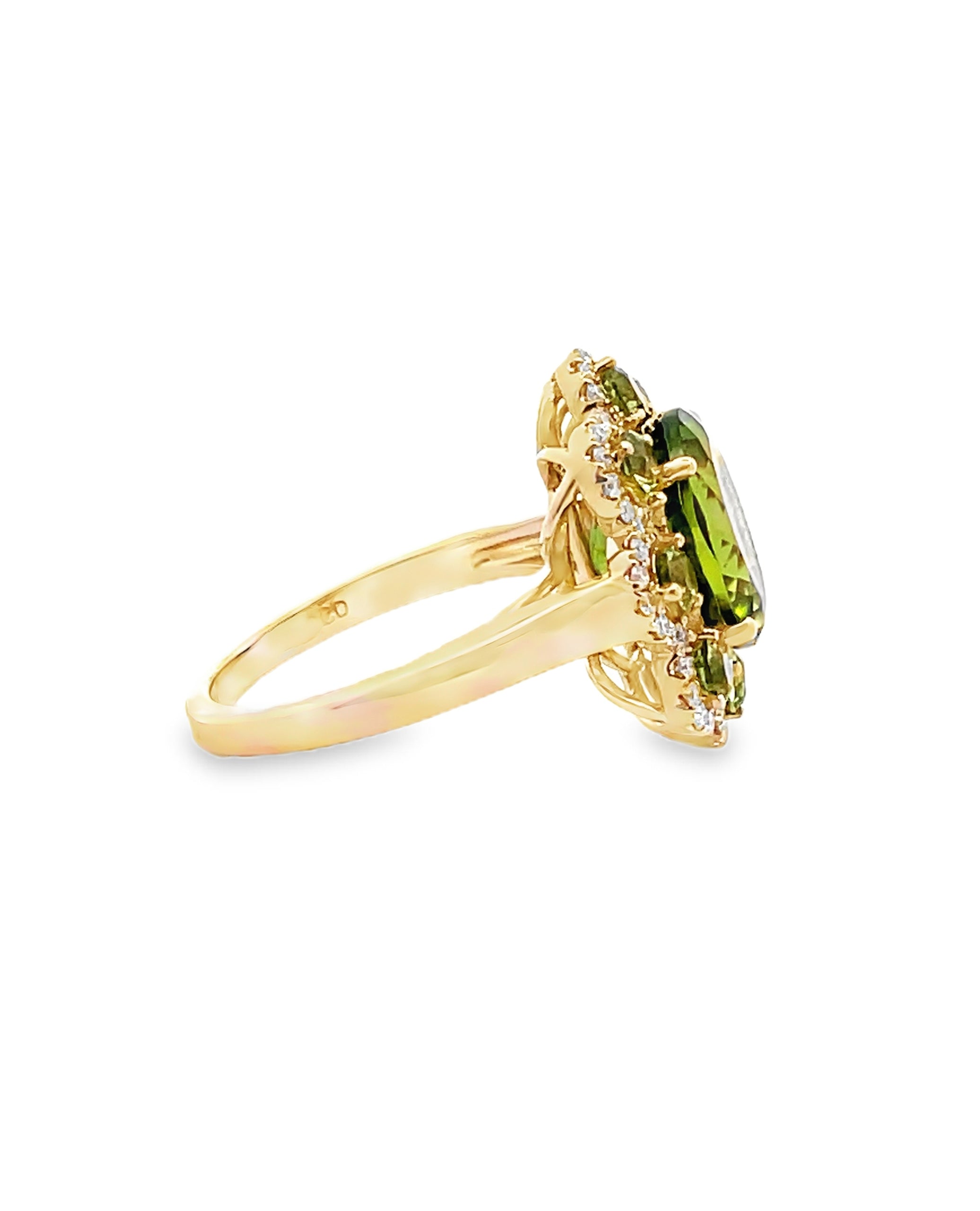 Oval Peridot Flower Ring in 14K Yellow Gold with Diamonds
