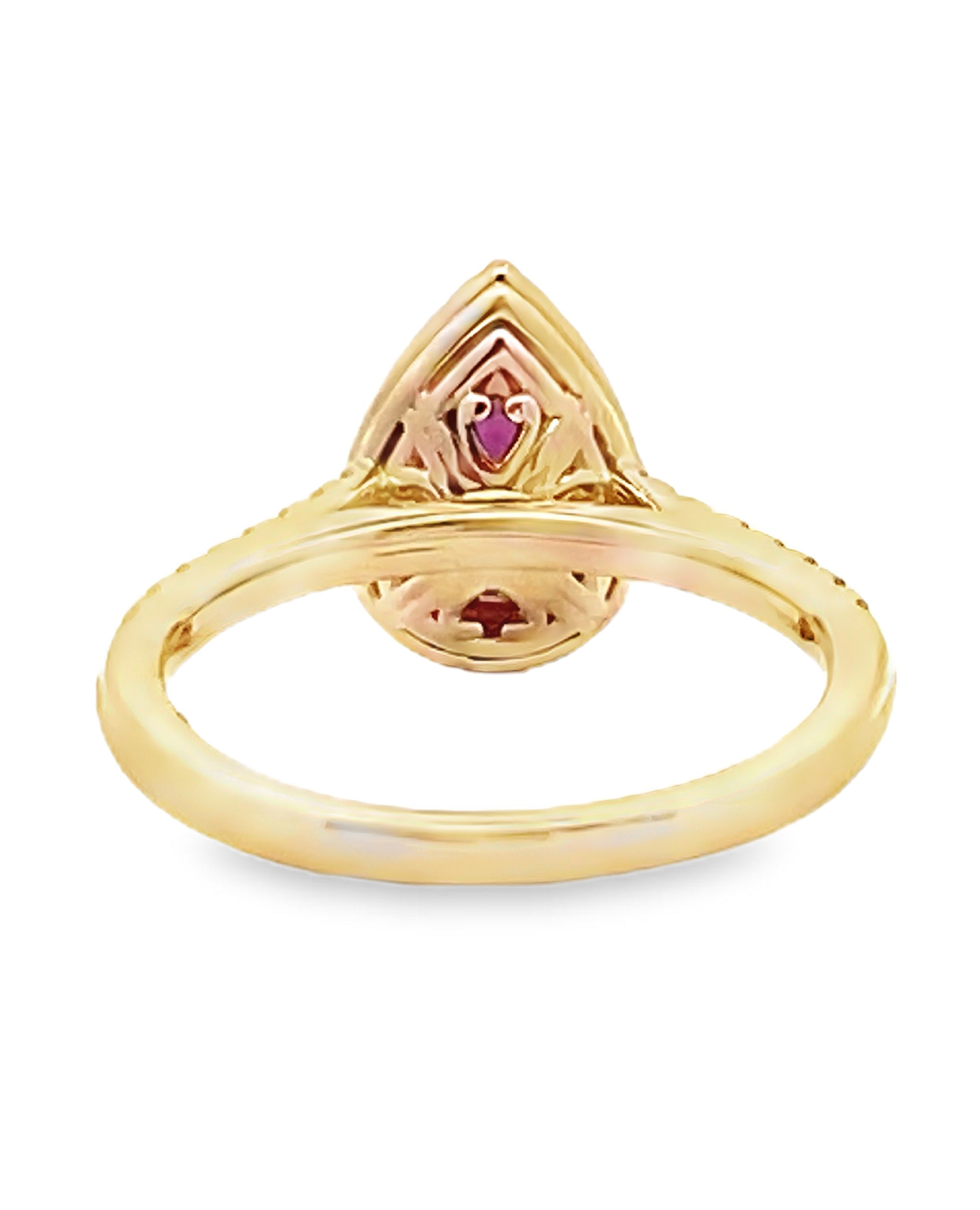 Pear Shaped Ruby Ring with Halo Diamonds Set in 14K Yellow Gold