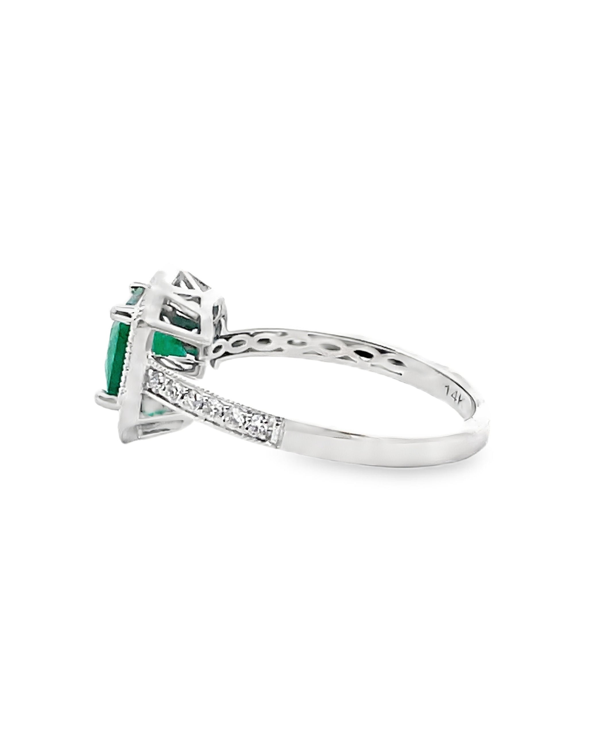 Halo Ring Set in 14K White Gold with 1.19 Carat Emerald and Round Diamonds