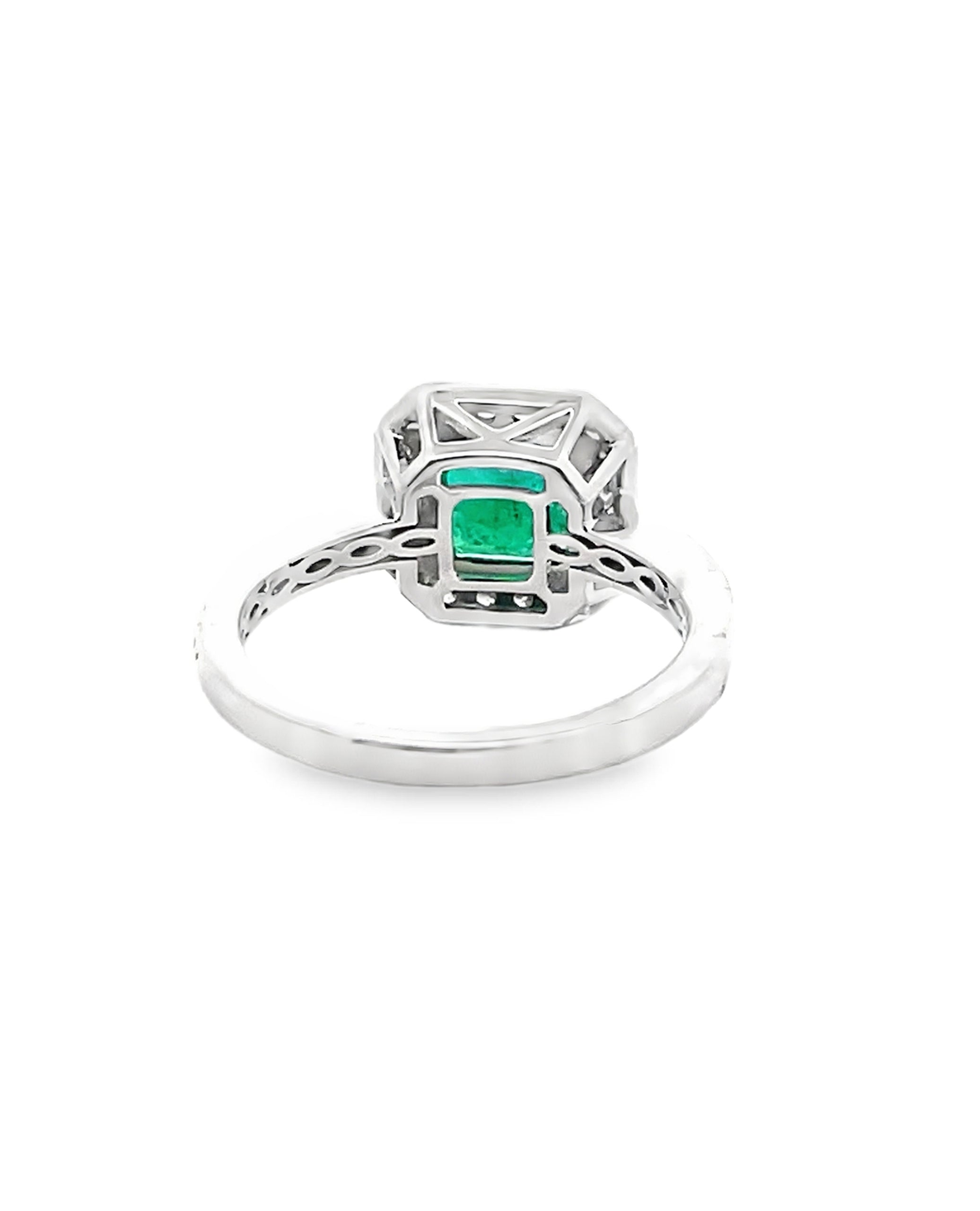 Halo Ring Set in 14K White Gold with 1.19 Carat Emerald and Round Diamonds