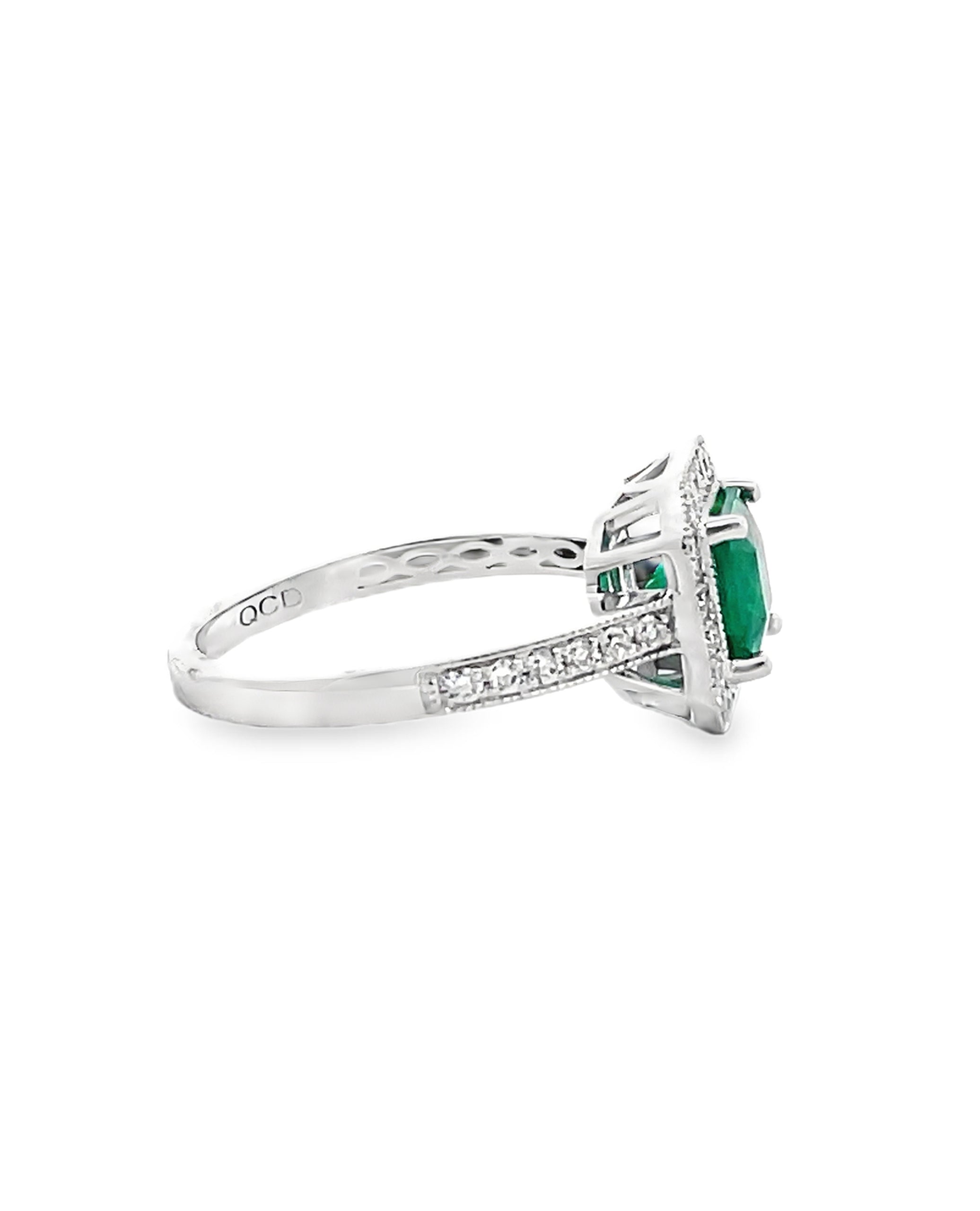 Halo Ring Set in 14K White Gold with 1.19 Carat Emerald and Round Diamonds
